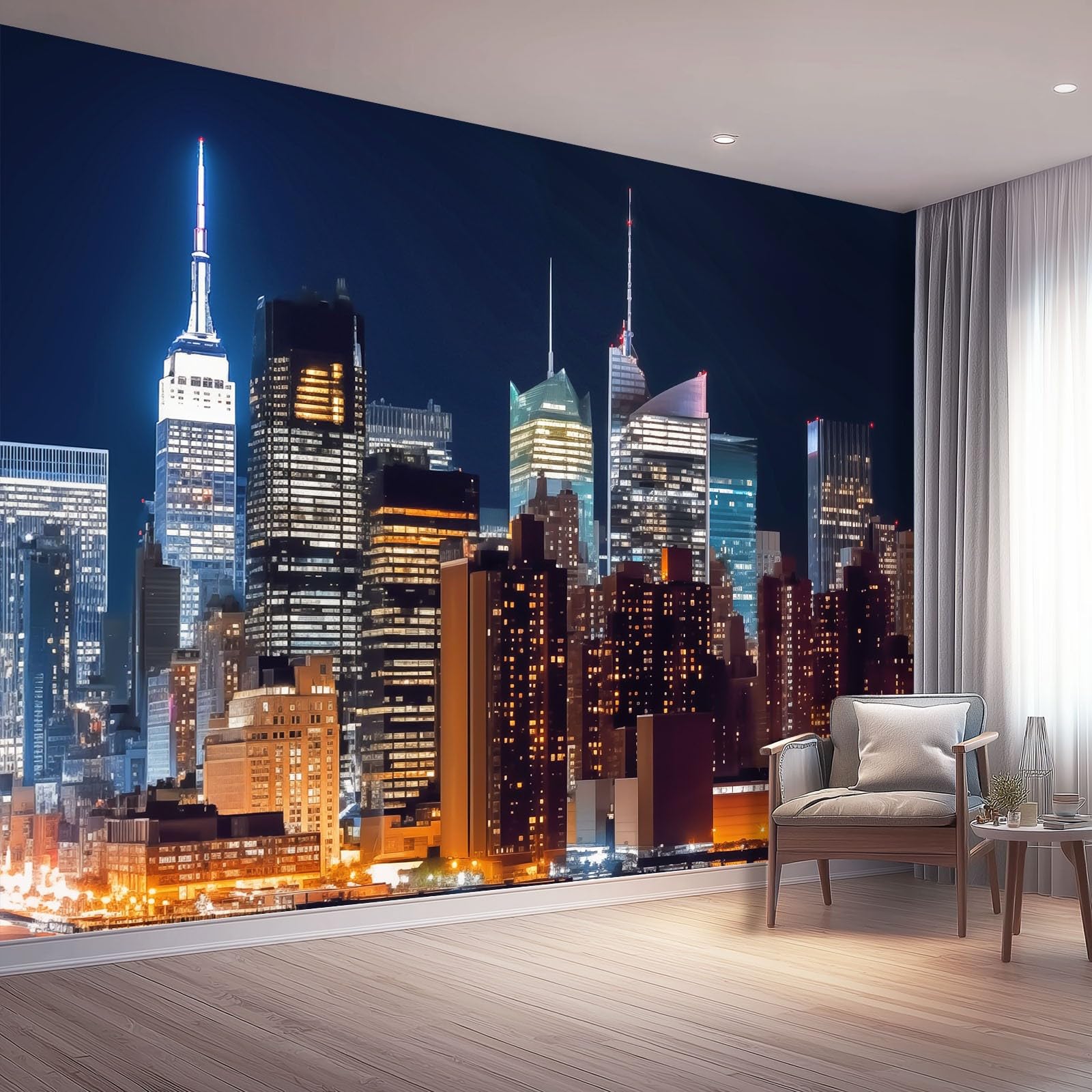 Panoramiczna tapeta, nowoczesna miasto noc architektura ścienna sztuka ścienna - czarna tapeta do salonu biura TV tło dekoracja 300 x 210 cm