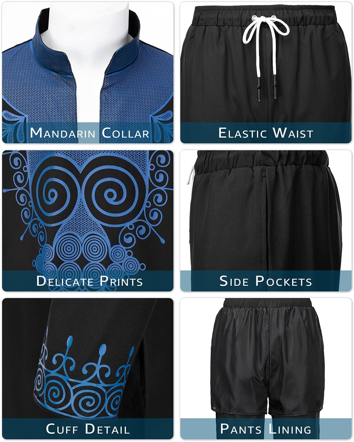 YND Men’s 2 Piece Set African Dashiki Shirt and Pants, Outfit with Gold Print - Image 4