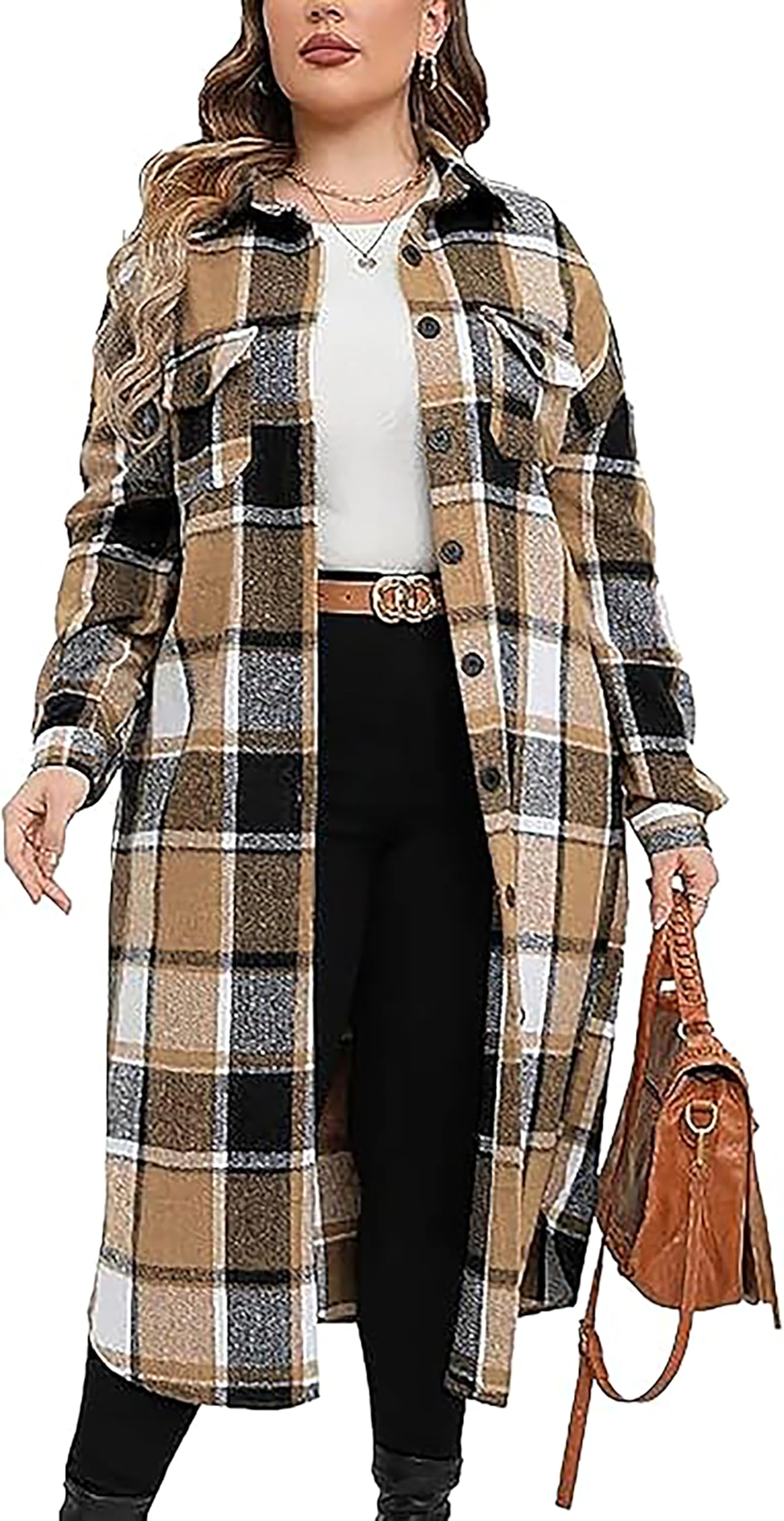 Jhsnjnr Damen Flanell Karierte Jacke Oversize Langarm Revers Button Down Karohemd Baumwolle Lang Hemdjacke Mantel