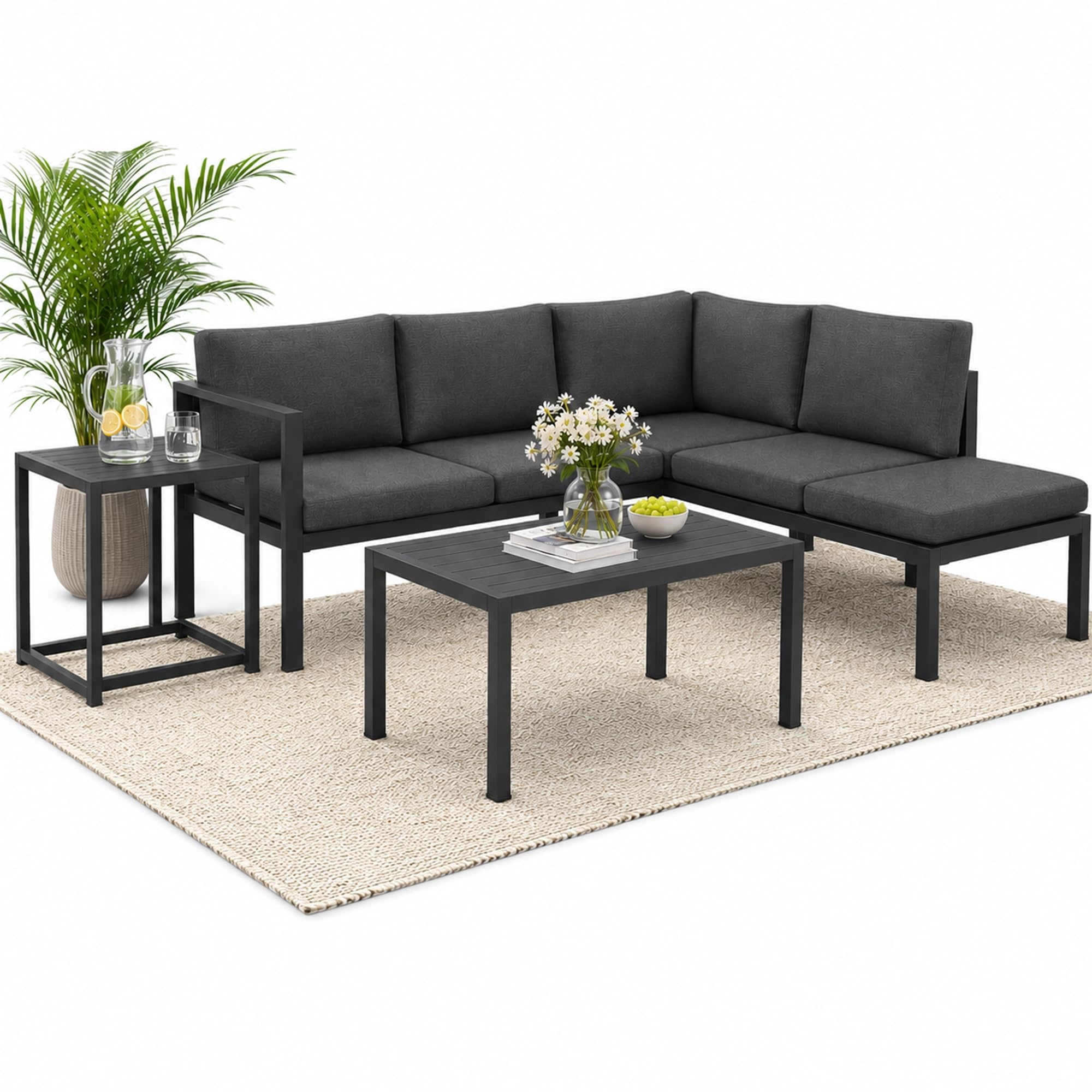 Mucola Gartenmöbel Set Ecklounge Aluminium mit Hocker und Tisch Anthrazit | Sitzgruppe modular kombinierbar, rostfrei, UV-beständig, extra dicke wasserabweisende Bezüge, waschbar, Outdoor, für Balkon