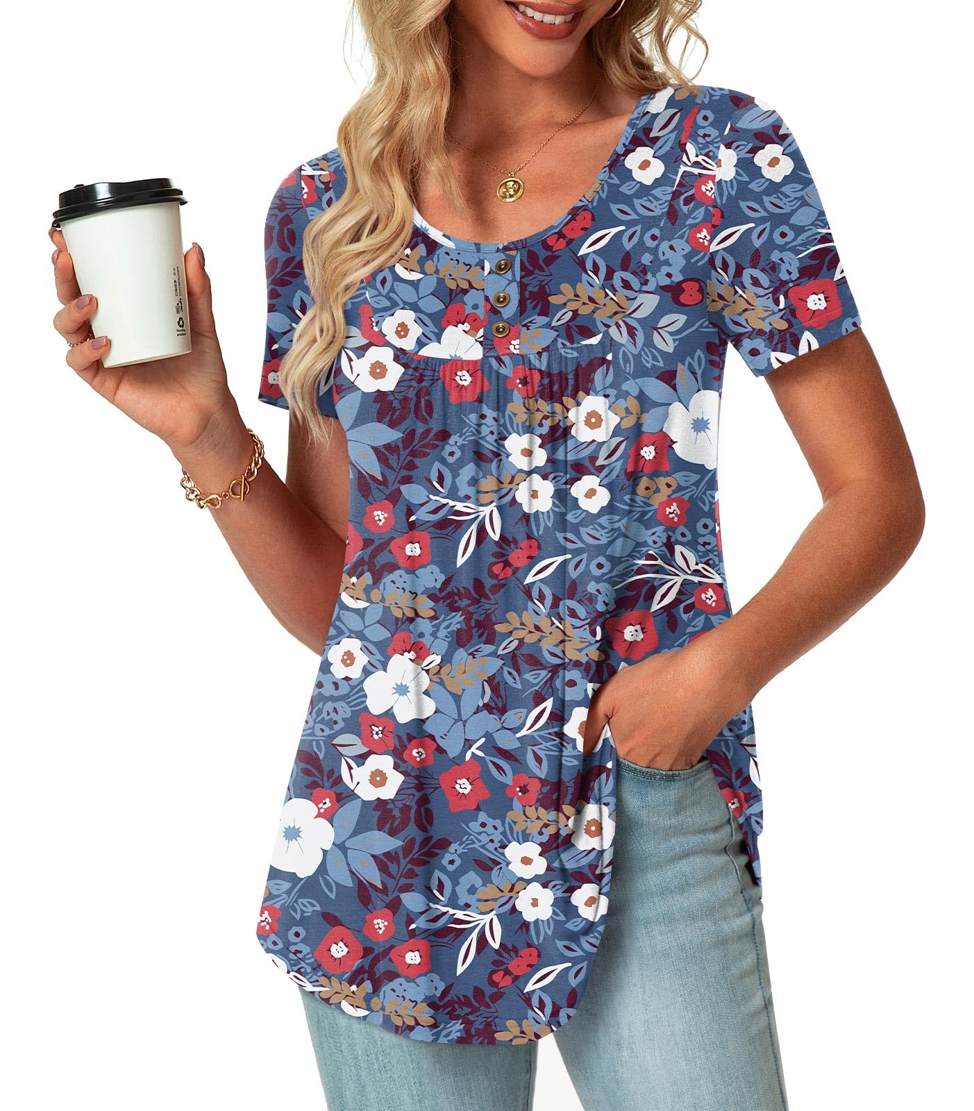 POPYOUNG Summer Womens Tunic Tops Loose Fit dressy Casual Short Sleeve Shirts to wear with Leggings