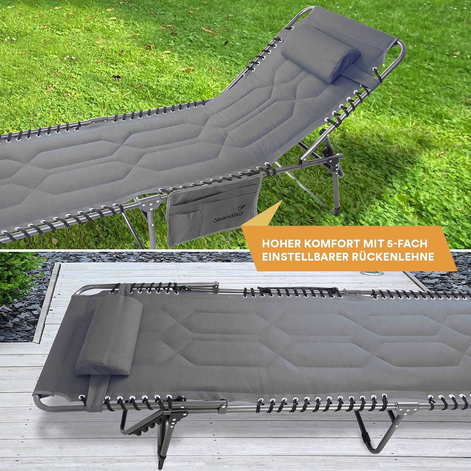 Skandika Sonnenliege Torget | Klappbare Campingliege, gepolstert, 5-Fach verstellbares Kopfteil, Seitentasche, bis 150 kg, wasserabweisend, Stahl-Gestell | Faltbare Liege für Camping, Garten