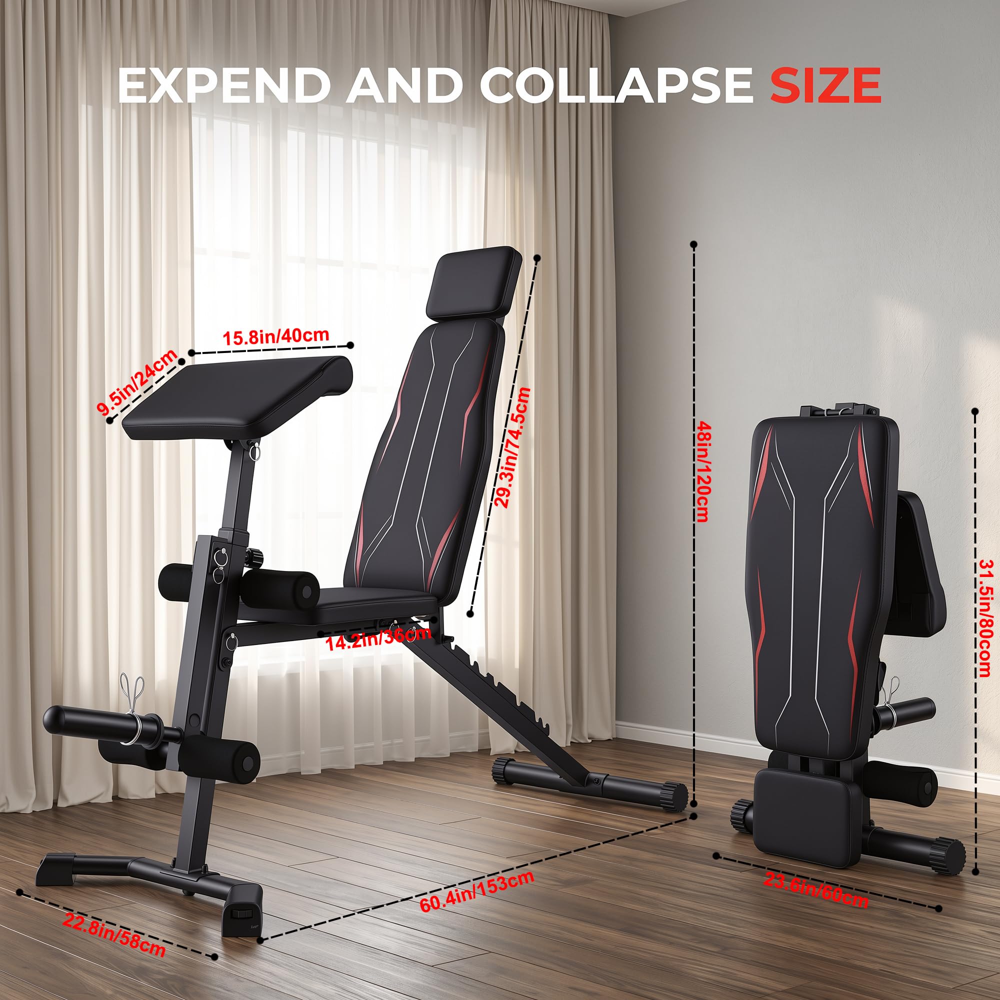 Adjustable Weight Bench for Home Gym | 800 LBS Capacity, Foldable Workout Bench with Leg Extension & Back Extension, Preacher Curl Bench for Full Body Training