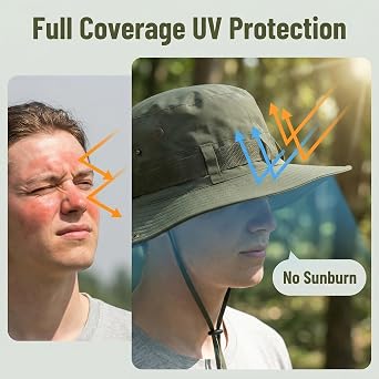 Adjustable Bucket Hat for Men Women, Wide Brim Foldable Safari Sun Hat, UV Protection Jungle Hat with Chin Strap for Fishing Hiking Beach Outdoor Activities.