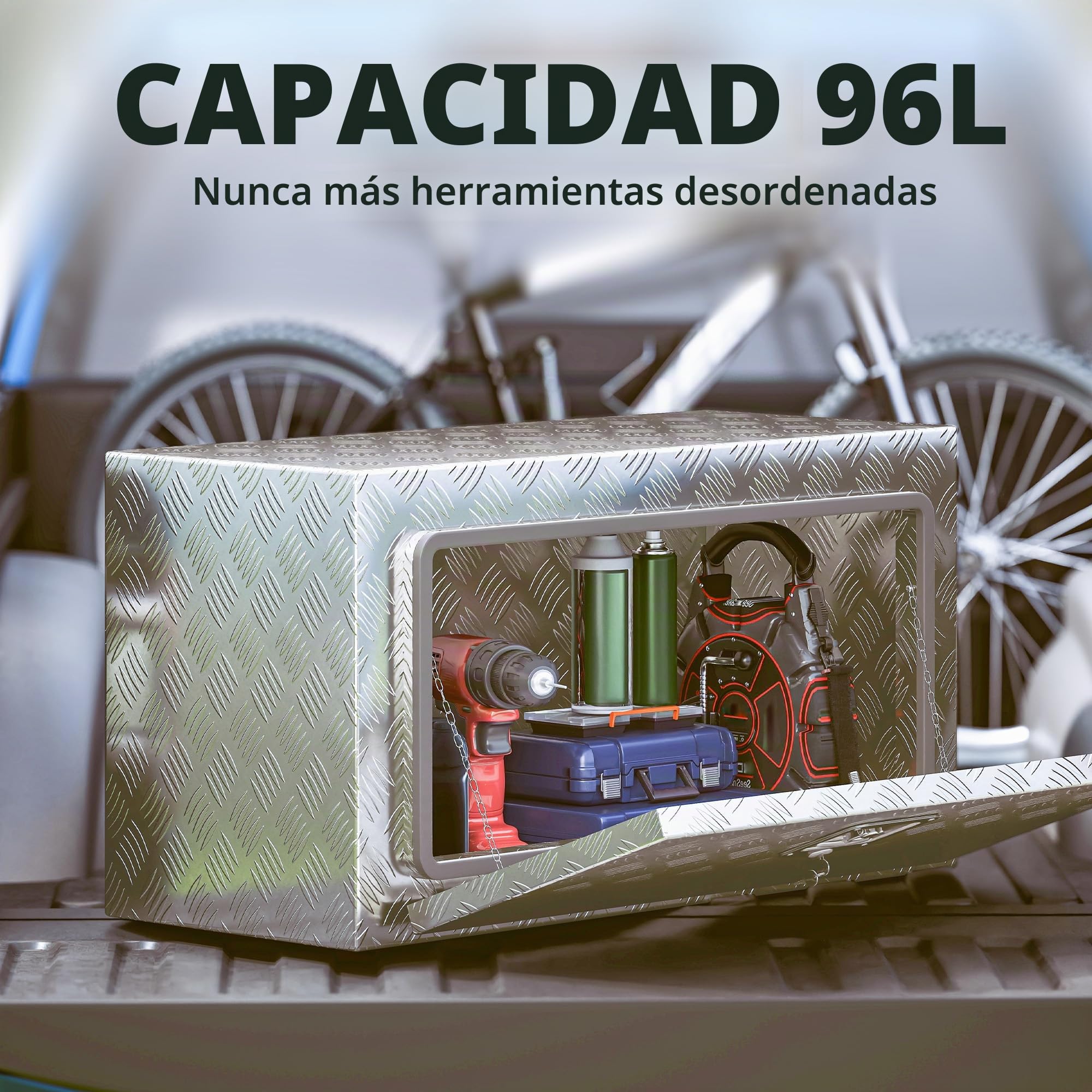 HOMCOM Caja de herramientas de aluminio con cerradura y 2 llaves, caja portaútiles de 96 litros, resistente e impermeable, caja portaobjetos para camionetas, caravanas y remolques, 76,2 x 35,5 x 40,6