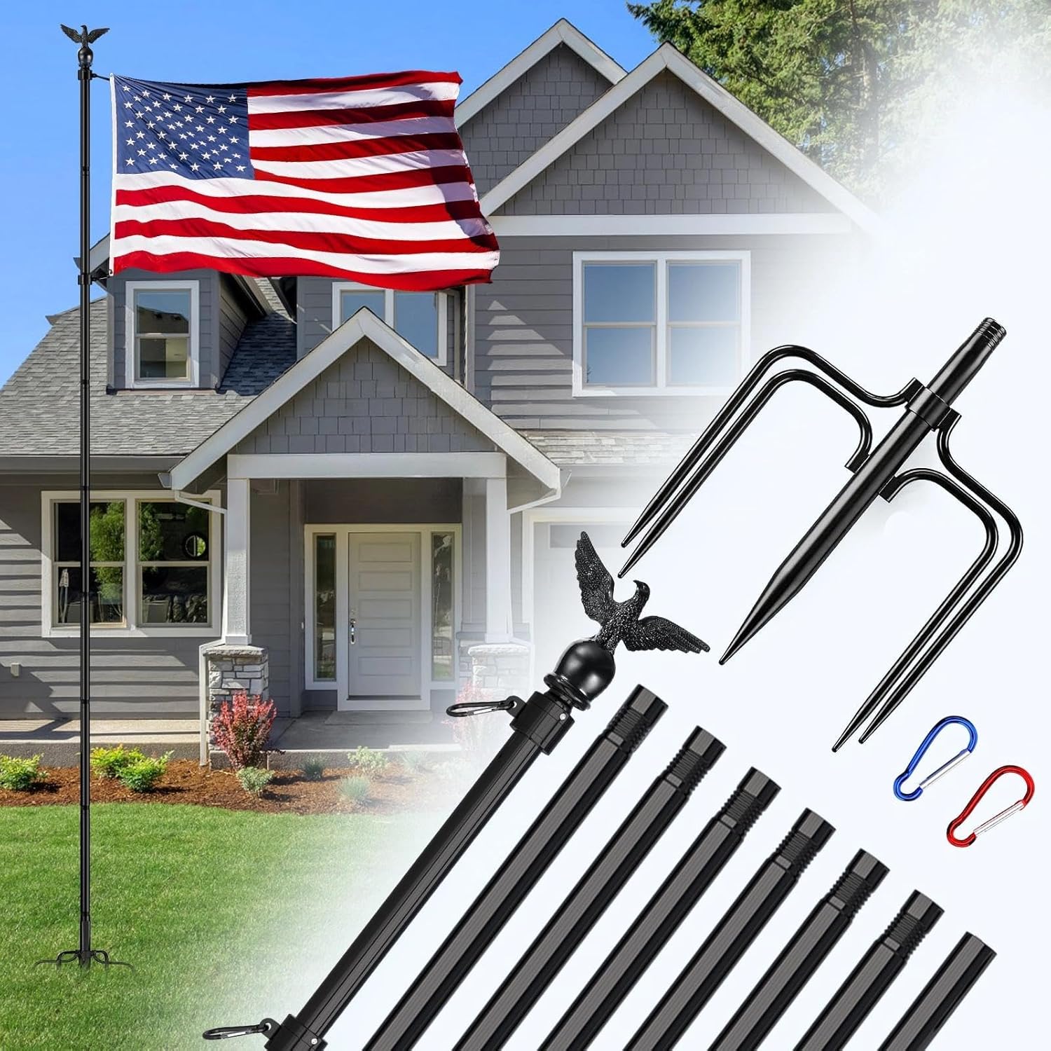 LETSTRY 10 FT In-Ground Flag Pole for Outside House, Heavy Duty Wind Resistant Flagpole with Upgraded 5-Prong Base,Portable Mount Flapoles Kit for Yard, Garden Decor, Residential Commerical, Black