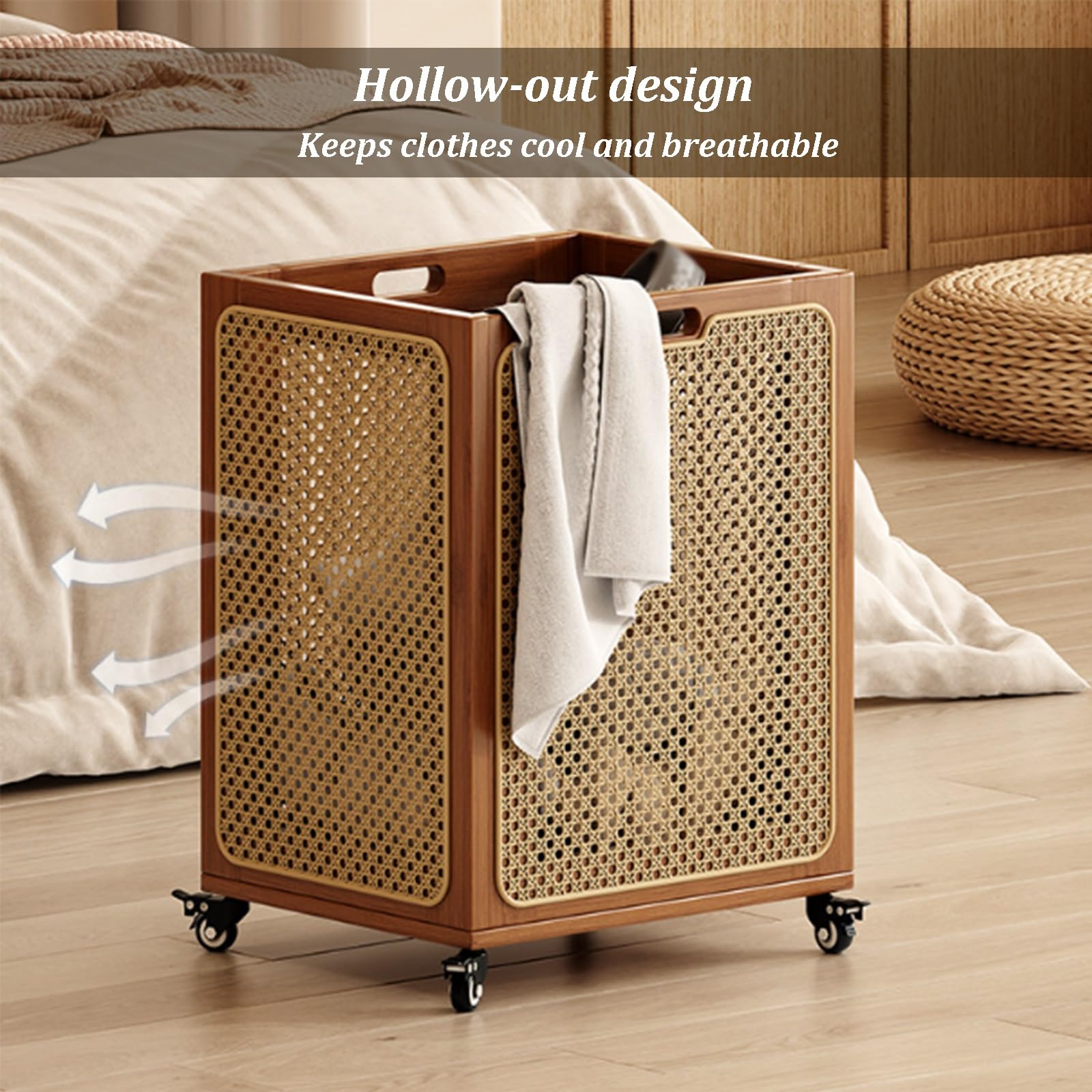 Cesta de bambú con ruedas, cesta grande y estrecha con asa para lavandería, dormitorio, almacenamiento de ropa