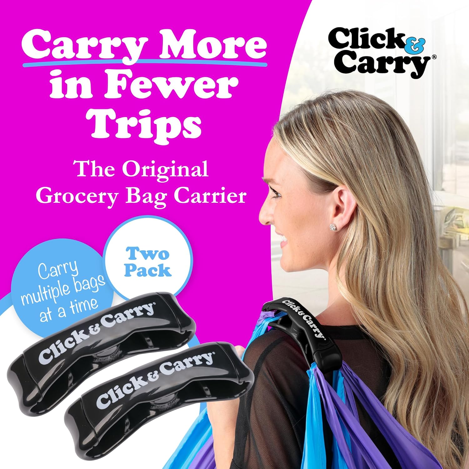 Click & Carry Grocery Bag Carrier Handle - Carry More in Fewer Trips, 100lb Capacity, Hands-Free, Gel-Padded Ergonomic Design, Shopping & Grocery Bag Holder - As Seen On Shark Tank, Black, 2 Pack - Image 2