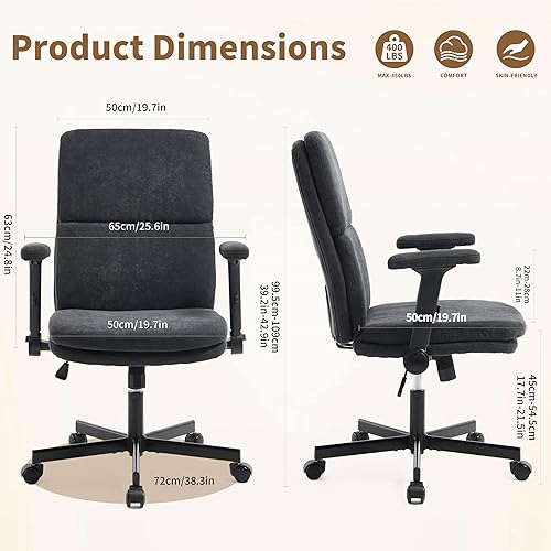 Miniatura 2 de Silla de oficina ajustable con respaldo medio, cómoda, de lino, ergonómica, de respaldo, silla de computadora para el hogar con reposabrazos