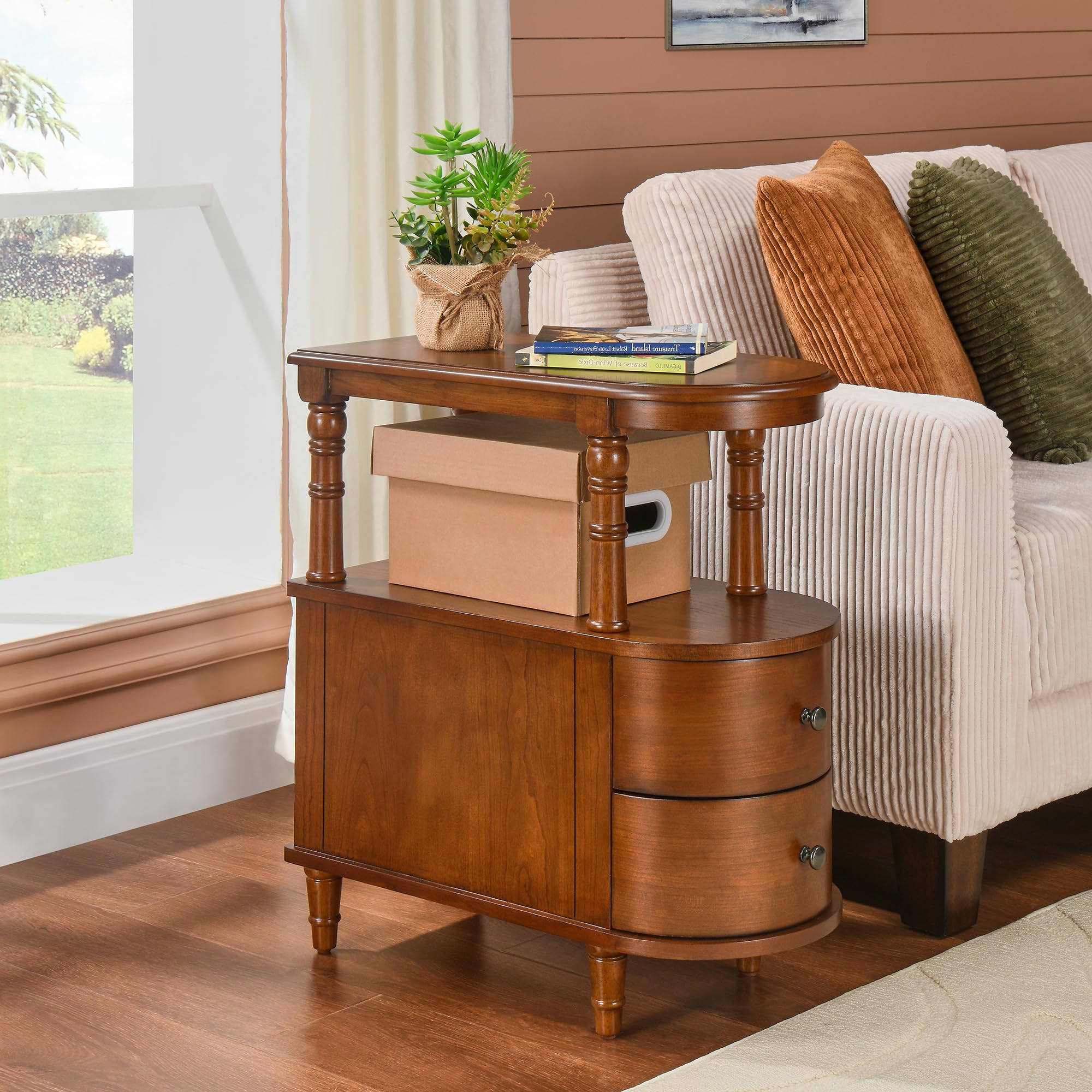 Schmaler Beistelltisch mit 2 Schubladen und Stauraum, Retro Vintage Sofa-Beistelltisch, Holz-Telefontisch für Wohnzimmer, 29L x 59,5B x 64,2H cm, werkzeuglose Montage, Karamellbraun BG-A508-MG