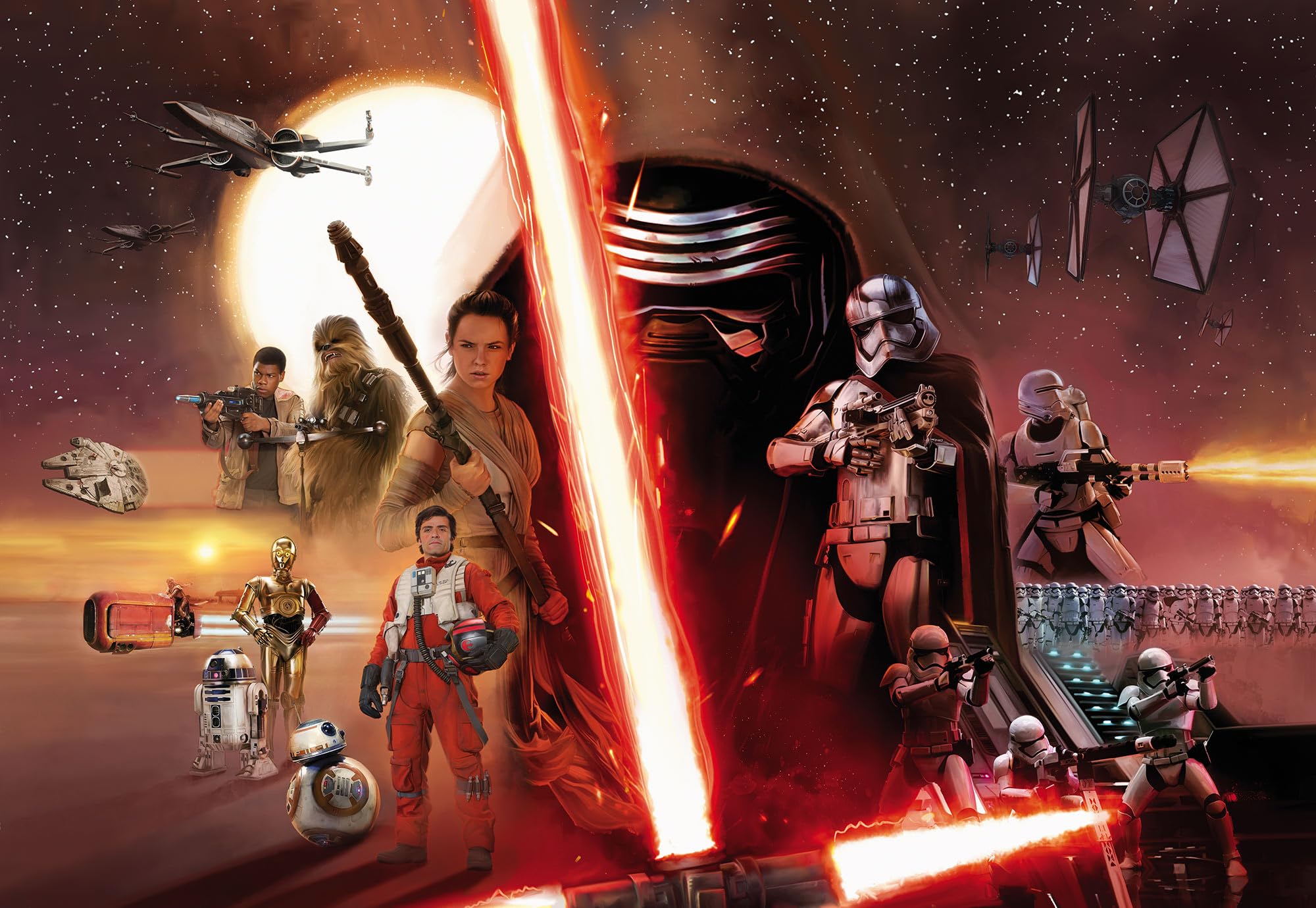 Komar Papier Peint panoramique sur Papier de Star Wars Star Wars EP7 Collage - Taille: 368 x 254 cm, Orange, Rouge, Noir