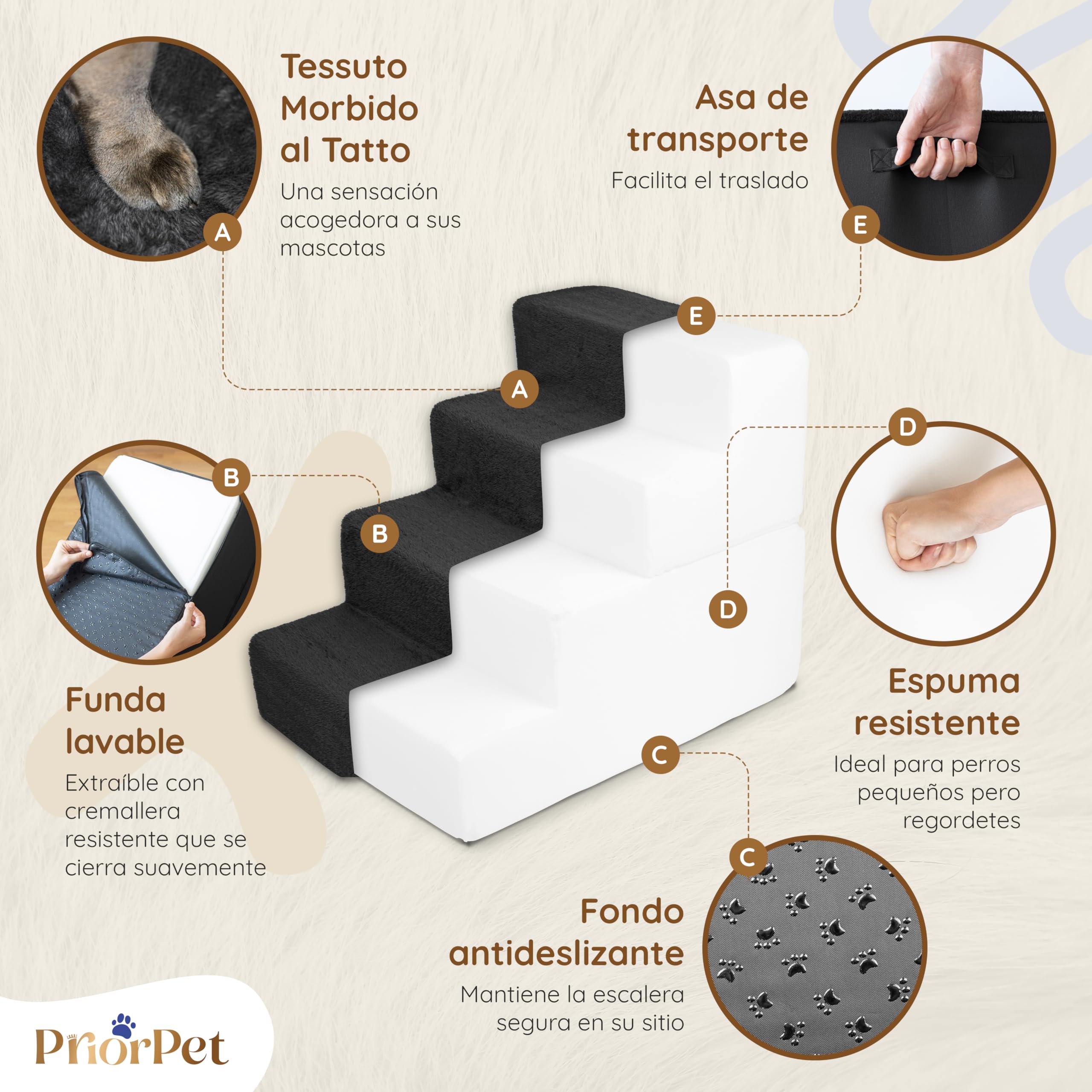 Scala per cani per letto e divano – 4 gradini altezza 58 cm – Schiuma per cani di piccola taglia – Scala per animali domestici sicura e stabile – Rivestimento rimovibile lavabile – Nero