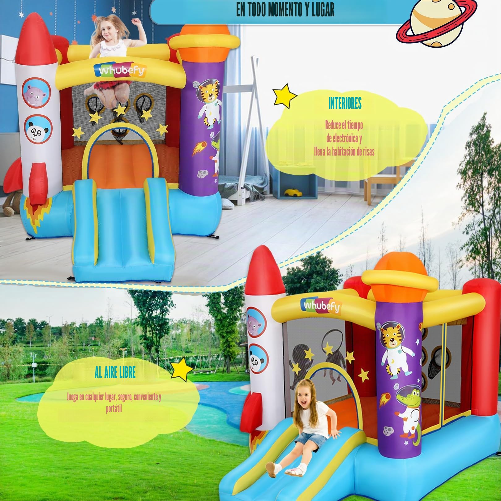 Castillo Hinchable para niños pequeños (2-8 años), Castillo Hinchable con soplador, área de Juego de astronautas y Zona de Tiro, Castillo Hinchable de Cohetes para Fiestas en Interiores y Exteriores