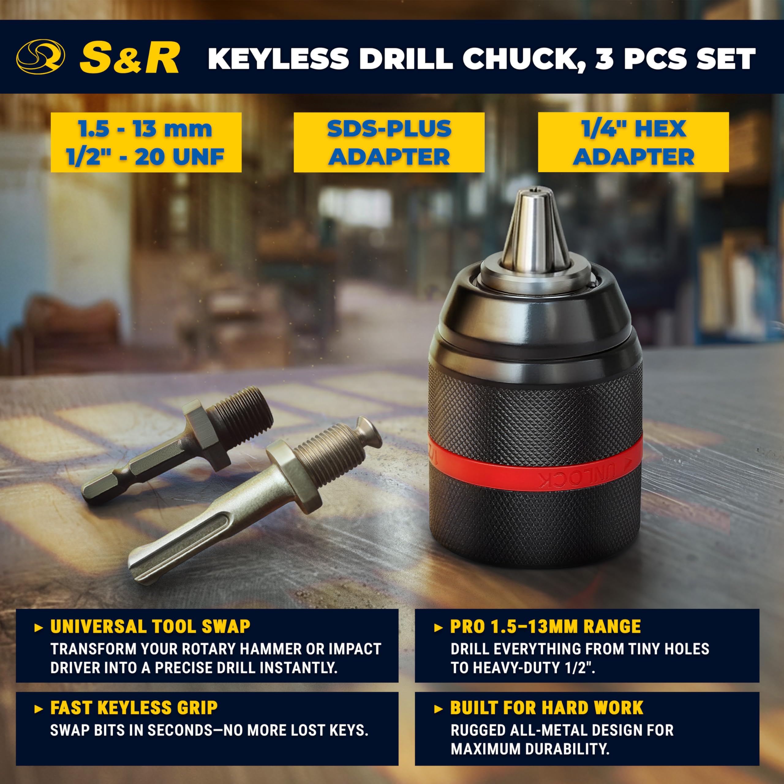 S&R Szybkozaciskowy uchwyt wiertarski 2 mm – 13 mm 1/2-20 UNF z adapterem SDS-plus i adapterem sześciokątnym HEX, szybkozaciskowy uchwyt wiertarski z gwintem, uchwyt szybkozaciskowy do wiercenia