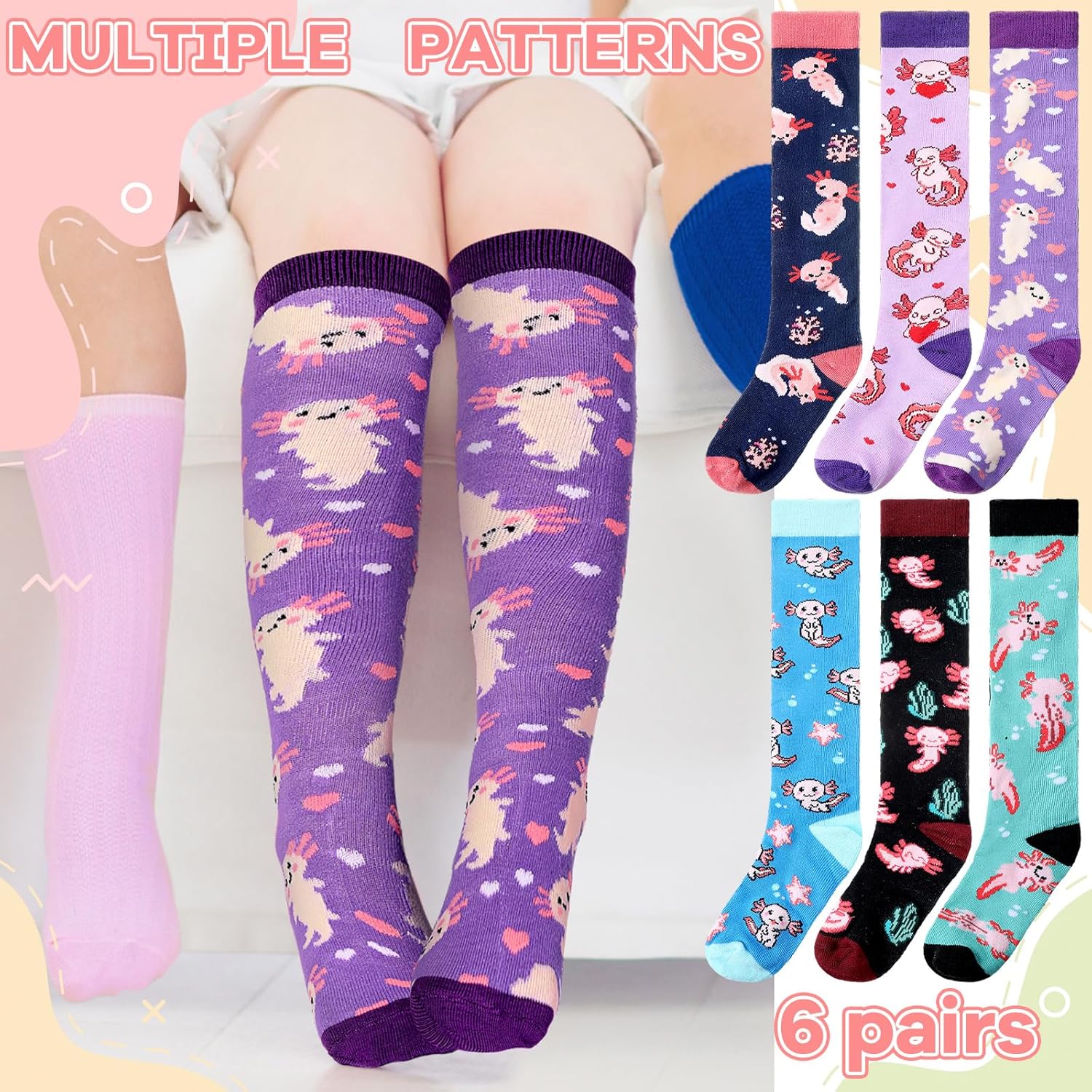 6 Pairs Kids Socks Cute Axolotl Animals Novelty Crew Cotton Socks Casual Dress Set Gifts for Kids Boys and Girls - Image 4