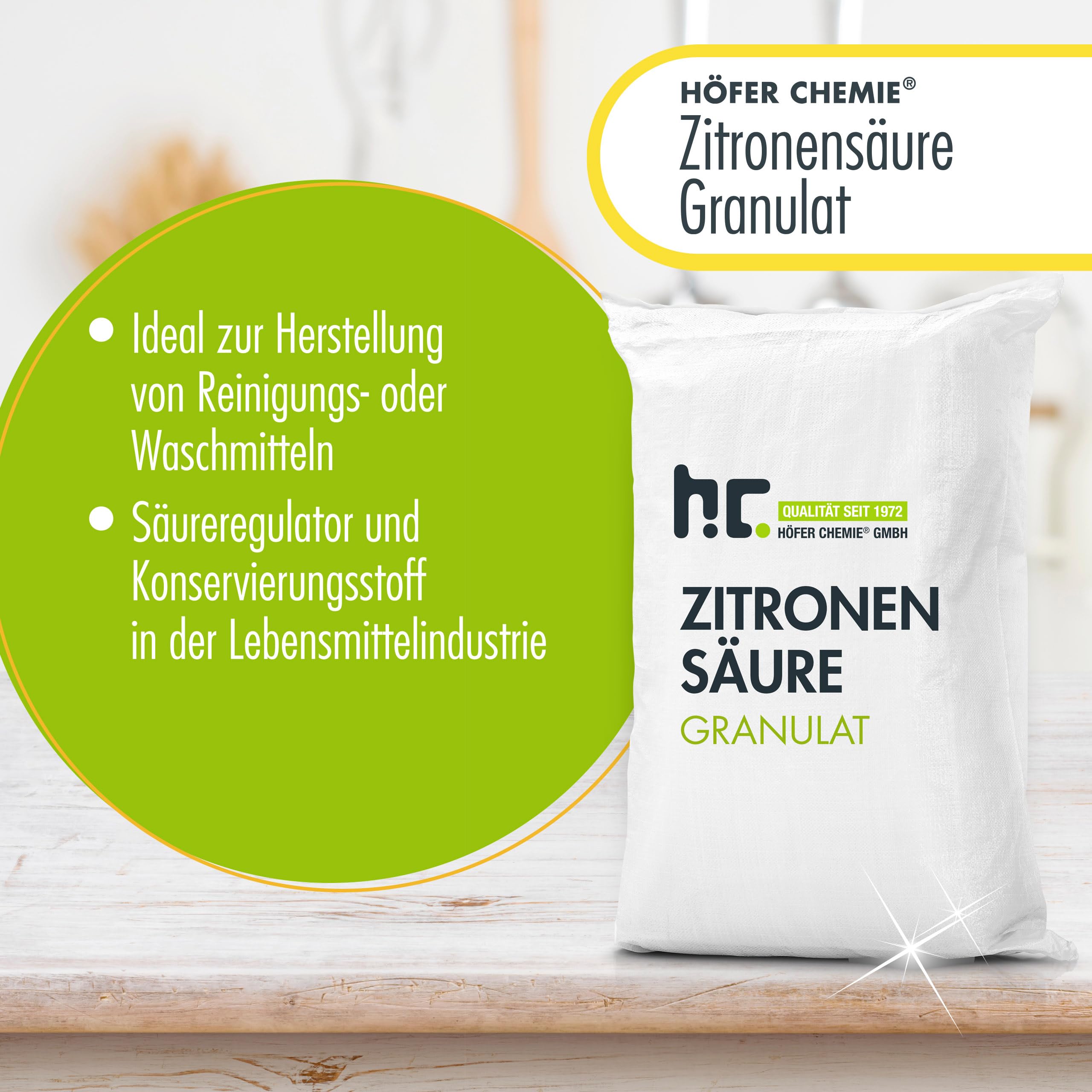 Höfer Chemie 25 kg Zitronensäure Granulat | In Lebensmittelqualität - Entkalker, Allzweckreiniger und für DIY Pflege- & Reinigungsprodukte
