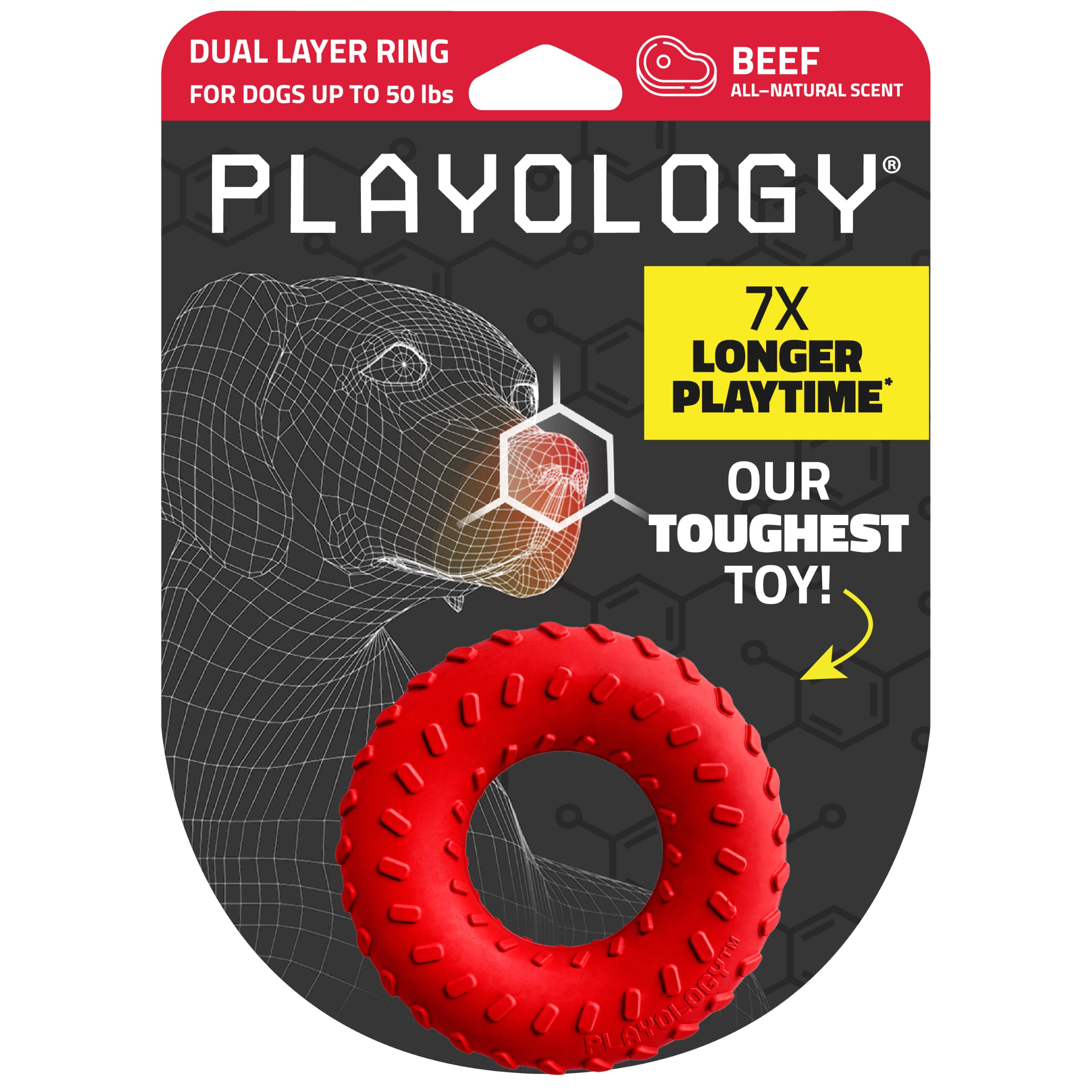 Playology Doppelschichtiges Ringspielzeug für mittelgroße Hunde bis zu 22,7 kg, ansprechendes, natürliches Rindfleischduft, langlebiges Kauspielzeug für Power-Kauer, leicht zu reinigen, interaktiv und