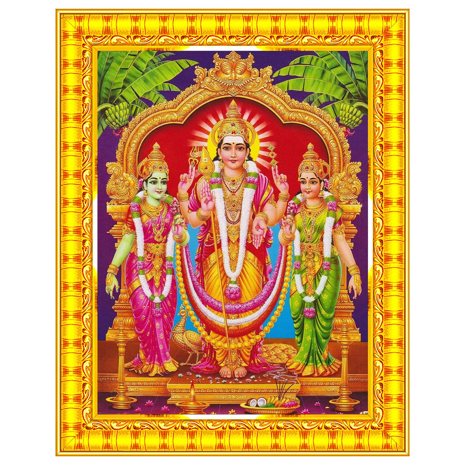 Lord Murugan Valli Deivanai Subramanya Swamy Wall Painting Framed Home Decor (Wood,Matte,Gold,Small Size,6 x 8 Inch) R70S