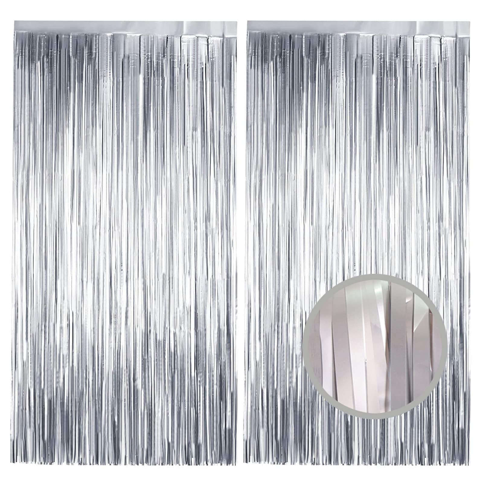 JK Home 2pcs 3.2 x 6.5ft Tinsel Foil Fringe Curtains Streamers Backdrop for Birthday Graduation Wedding Engagement Bridal Shower Bachelorette Holiday Party Decorations Matte Silver