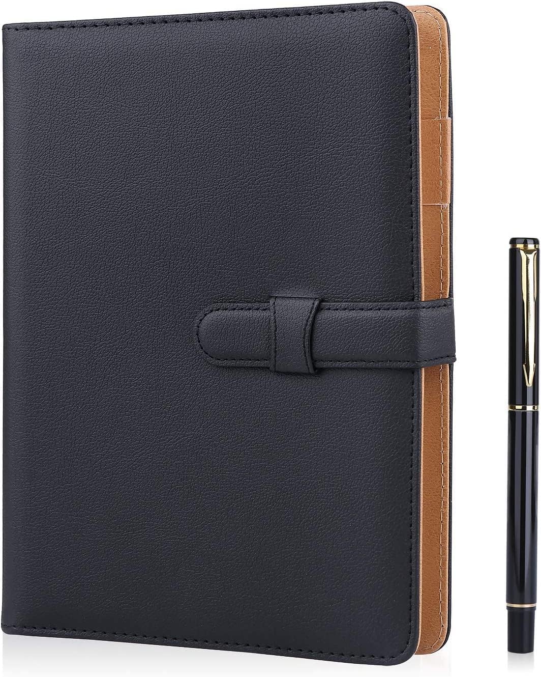 A5 Leather Notebook/Refillable Loose Leaf Business Notebook/tepad,200 Thick Pages,Classic Lined with Pocket and Pen Holder