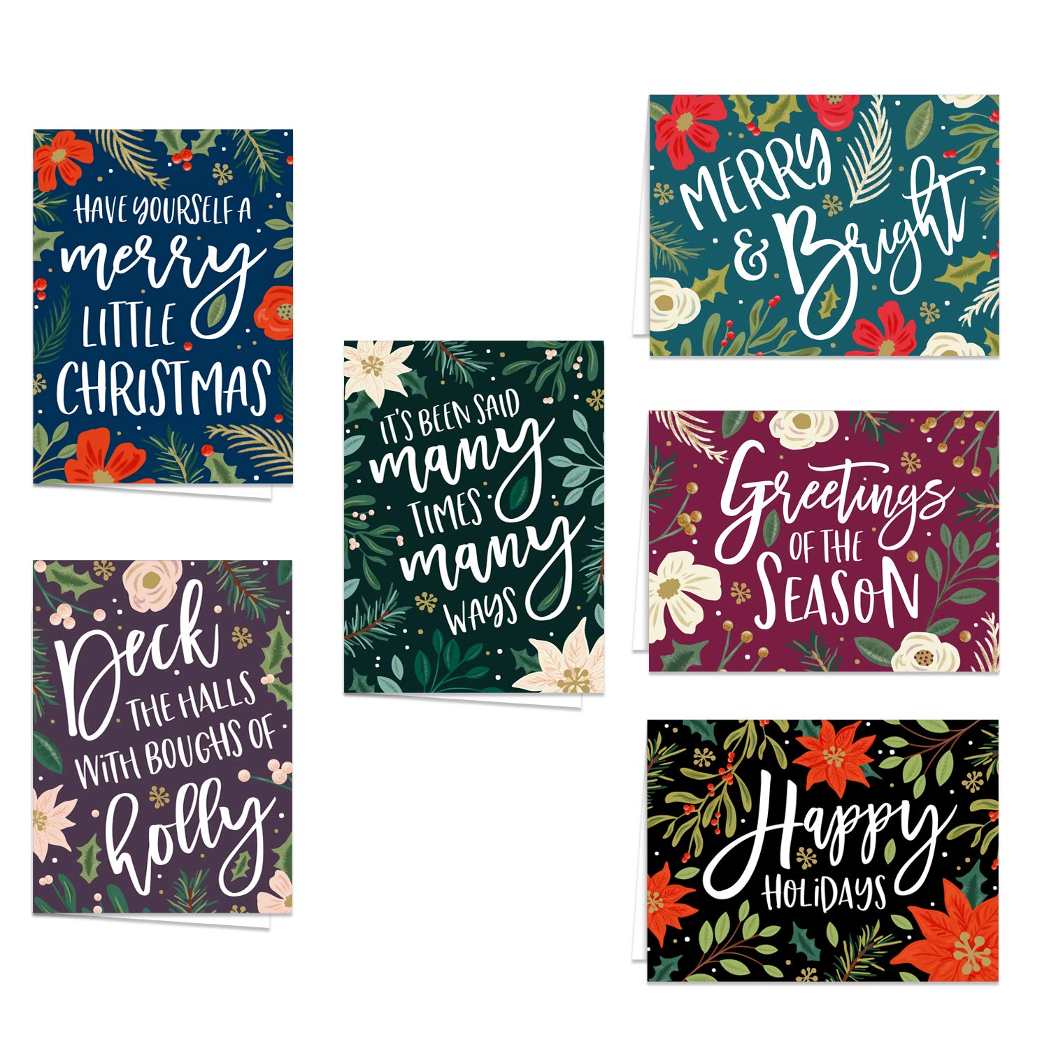 Weihnachtskarten mit Blumenmuster, 61 x 12 cm, mit weißen Umschlägen, illustrierte Weihnachts-Notizkarten