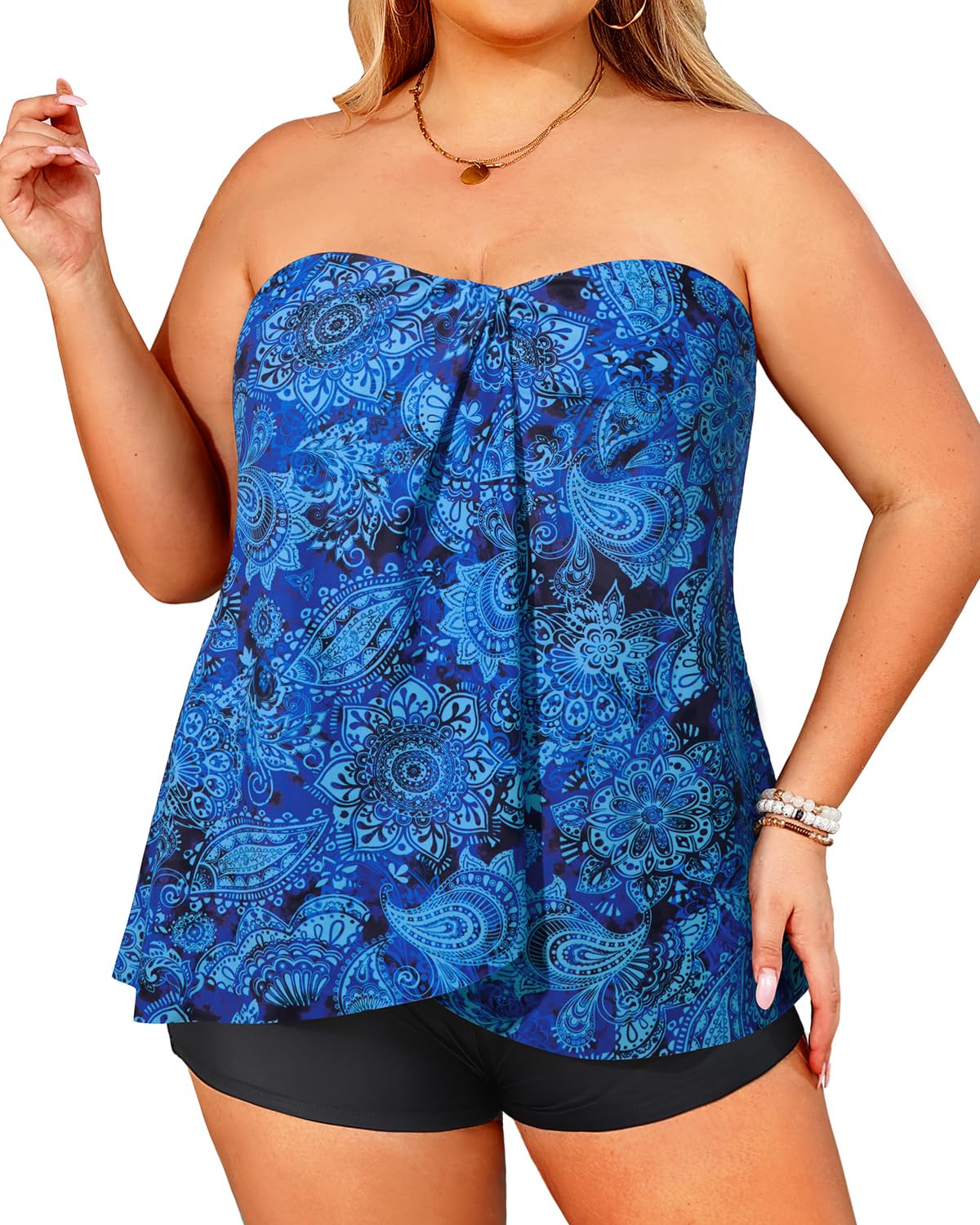 Plus Size Bandeau Tankini 2 Piece Halter Swimsuit with Shorts