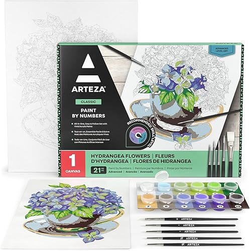 ARTEZA Pintura por números para adultos, 12 x 16 pulgadas, 21 piezas, kit de pintura de flores de hortensias por números, 1 panel de lienzo, 12