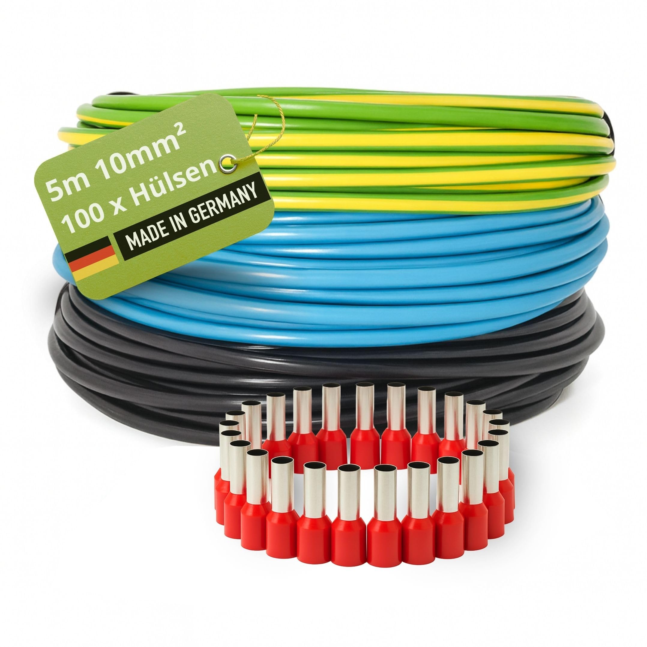 INVOLT H07V-K kit 10mm² 3x5m noir/bleu/vert-jaune, 100 embouts, VDE, Fabriqué en Allemagne