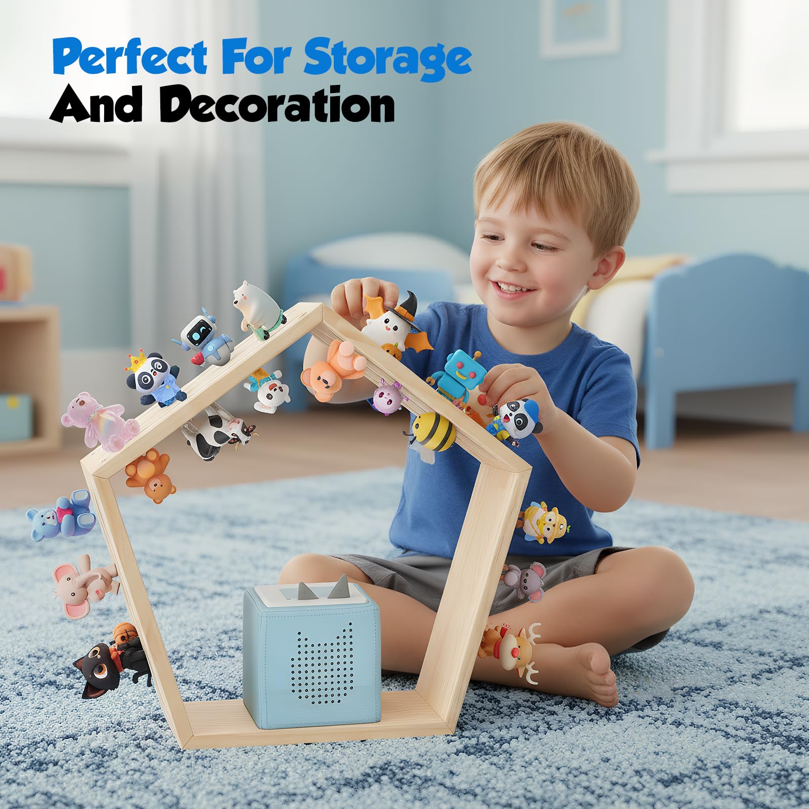 Luqixcey Hexagon Tonie Regal für Toniebox – Magnetisches Toniebox Regal Wabenform für 68 Figuren, 46x42cm Holz Wandregal Kinderzimmer, Schweberegal zum Aufhängen oder Hinstellen