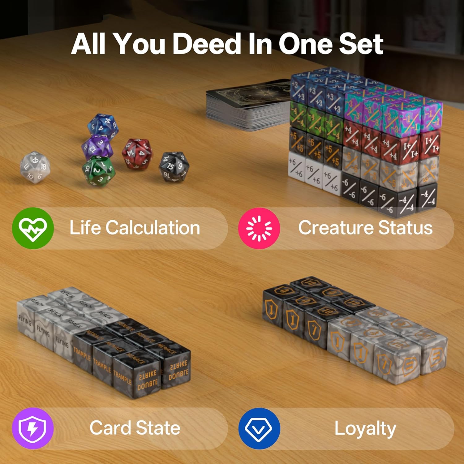 84-Piece MTG Dice Set with Life Counters, Keyword Ability Tokens, Shield & Spindown – 12 Colors for Magic: The Gathering, TCG, Cards Gaming Accessories