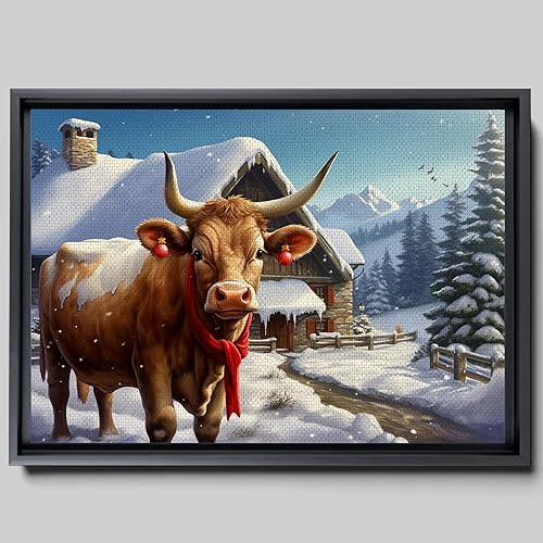 Christmas Cow Wall Art For Living Room Bedroom, Canvas Bathroom Decor Wall Art Kitchen Office Framed Wood Picture, Farmhouse Winter Snowy Barn,