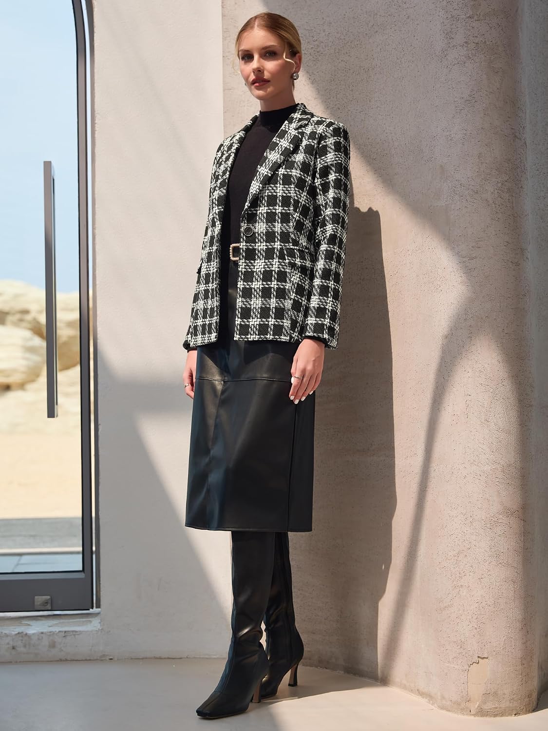 Hobemty Women's Plaid Tartan Blazer Tweed Long Sleeve 2025 Business Casual Suit Jacket