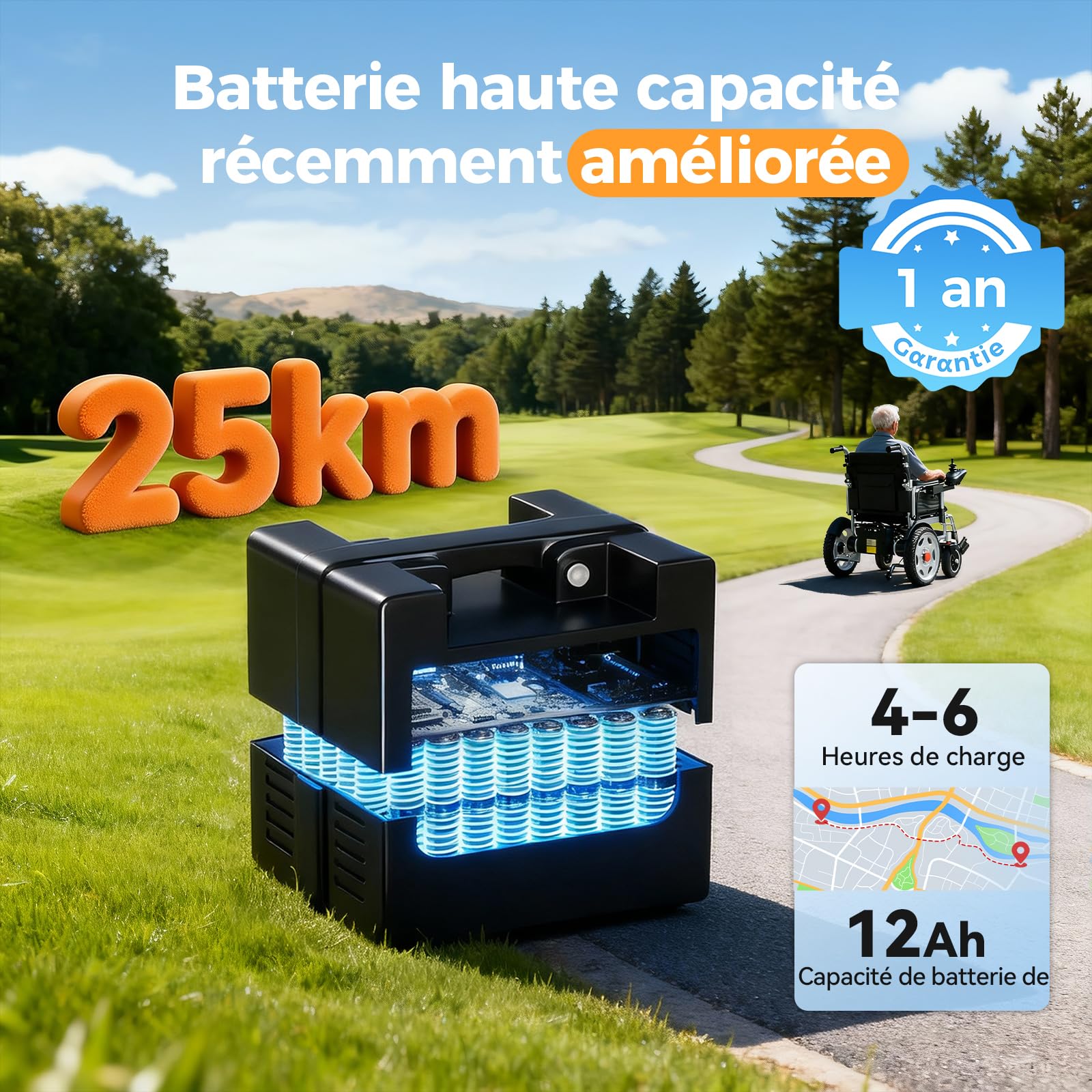 Fauteuil roulant electrique pliable adulte, assise 50 cm pour obèse, voyage | Grande taille, capacité de charge 182kg, large tout terrain scooter pour handicapé, autonomie de 25 km