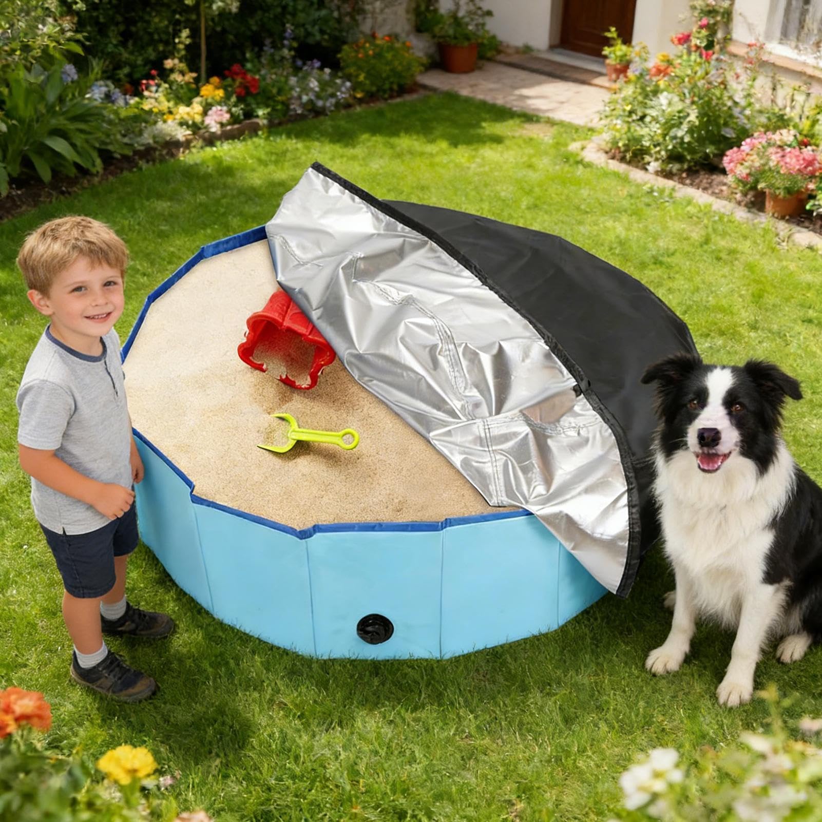 Cubierta plegable para alberca para perros, tela Oxford redonda a prueba de polvo con diseño de cordón para higiene y entrenamiento al aire libre, ideal para bañarse en césped, jardín y patio