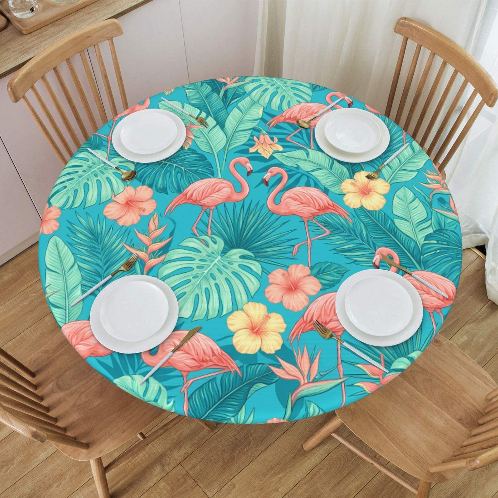 Round Tablecloth Flamingo Tropical Style Fitted Elastic Waterproof Wipeable Table Cloth Cover Decor Table Pad Cover for Party Dinning Room Picnic-Small-image-7