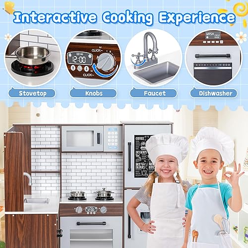 Miniatura 2 de Juego de cocina de esquina, cocina de madera con luces y sonidos, cocina grande con estufa, juguetes de cocina, microondas, horno, máquina de hielo,