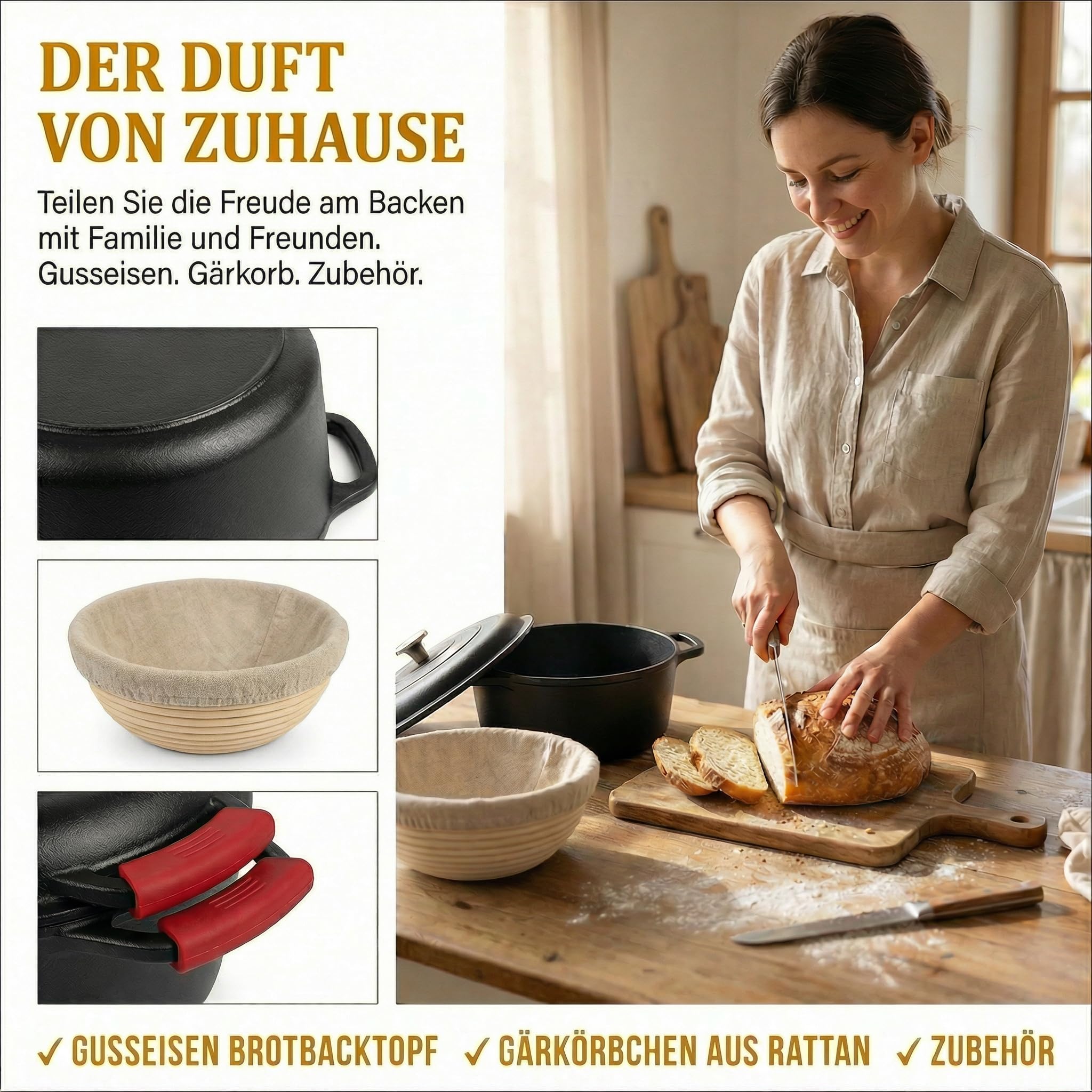 26 cm Gusseisen Brotbacktopf mit Deckel inkl. Rattan Gärkorb Komplett-Set, Traditionelles Brotbacken Zuhause, Für knusprige Kruste & optimale Form, Robustes Brotback-Set mit Gärkorb & Rez