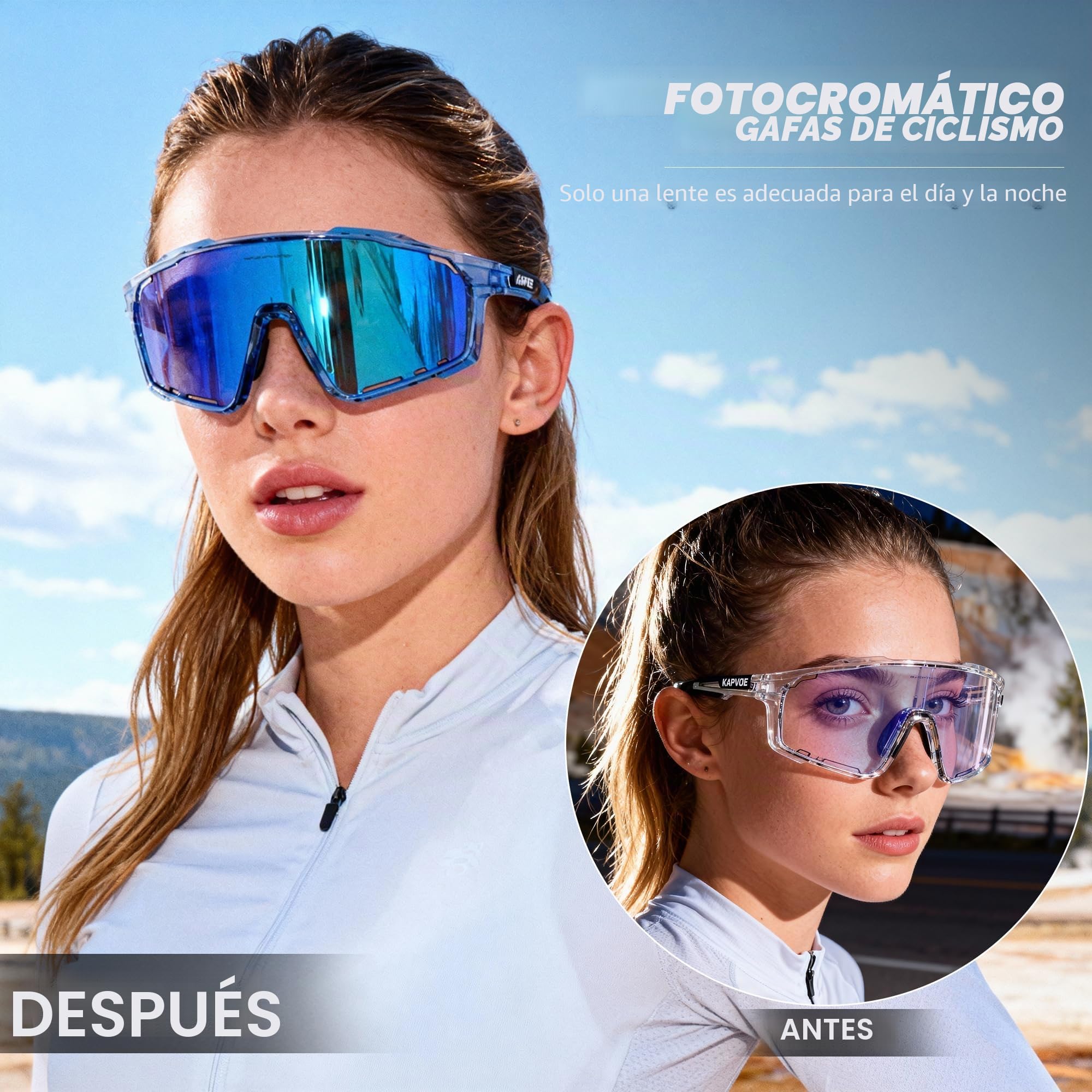 KAPVOE Gafas Ciclismo Fotocromáticas Lente y Montura UV400 Color Azul K76 | Lente & montura fotocromáticas, lente transparente a azul CAT.1-CAT.2, UV400, almohadilla regulable