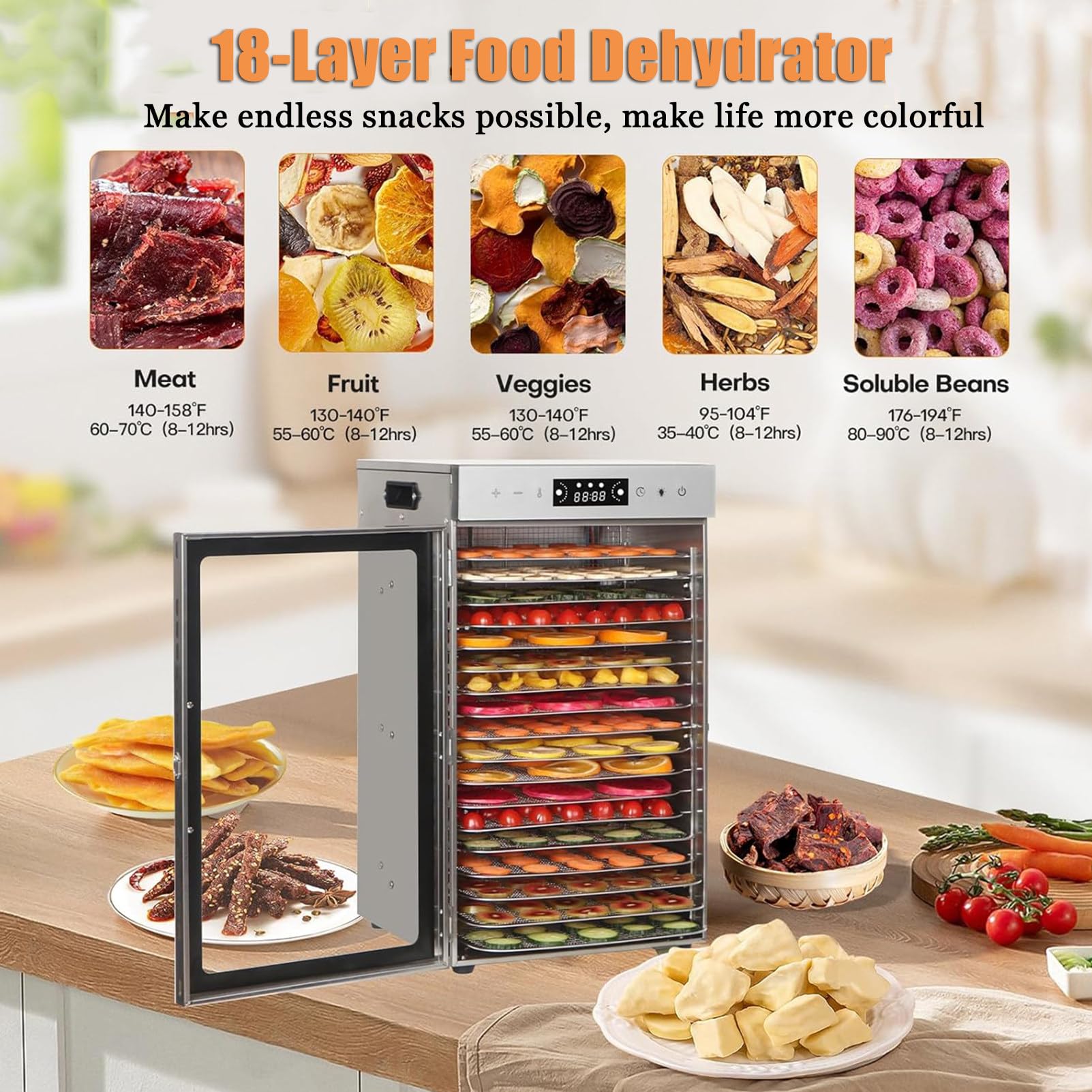 Essiccatore Per Alimenti, Essiccatore Per Carne Secca In Acciaio Inox A 6/8/12/18 Vassoi Per Uso Domestico, Armadio Di Essiccazione Per Carne, Frutta Ed Erbe Aromatiche,18-Tray