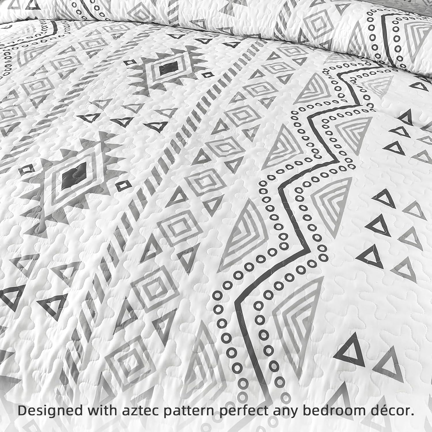 Drucon Boho Queen Size Aztec Quilt Set 3 Pieces Grey Ultra Soft Lightweight Quilt Beddding Set, Microfiber Bohemian Bedspread Coverlet Set with 2 Pillowcases for All Season (Queen, 90"x96") - Image 4
