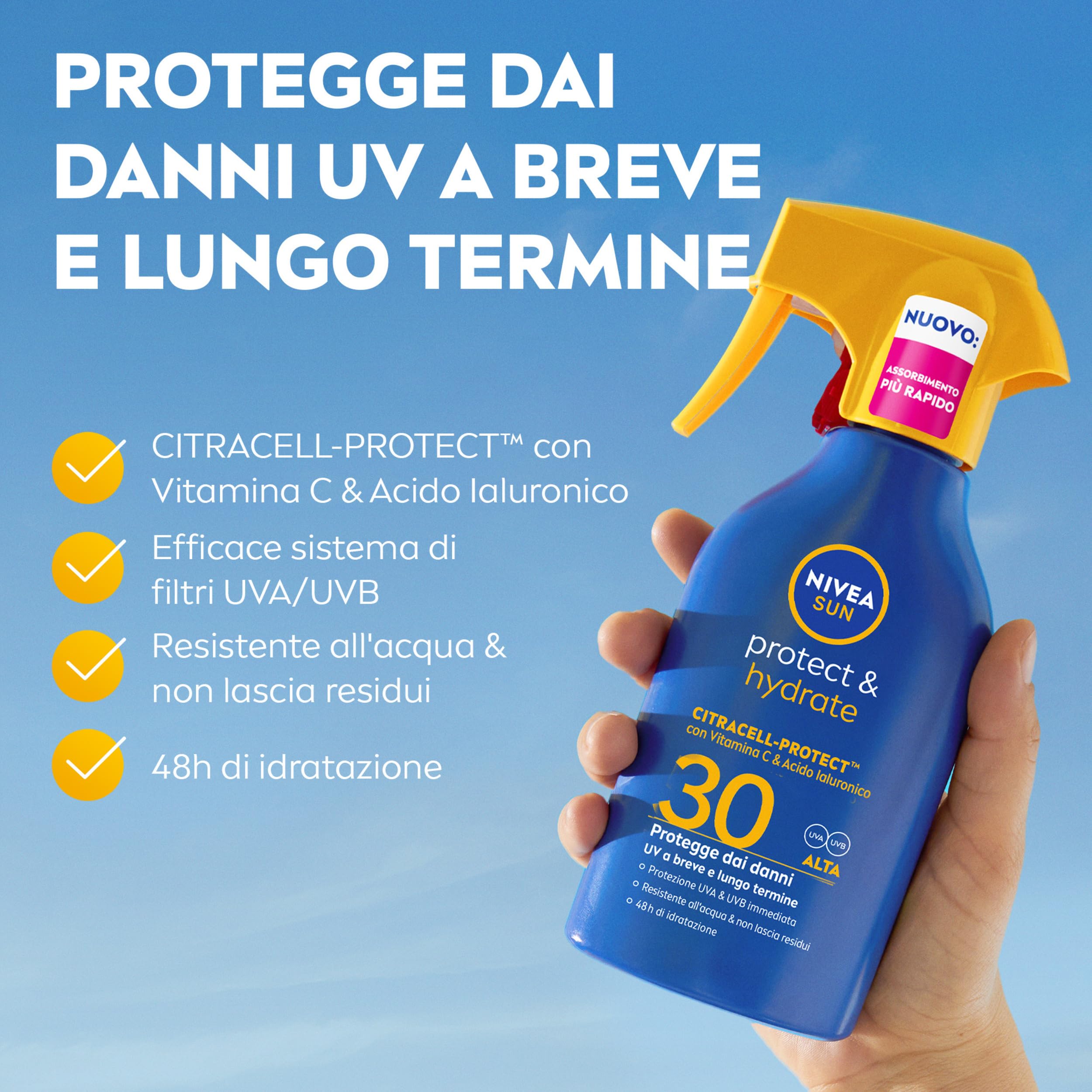 NIVEA SUN Protect & Hydrate Maxi Spray Solare SPF 50+ 270 ml, Crema solare 50 spray idratante 48h ad assorbimento rapido, Protezione solare 50+ resistente all'acqua con Vitamina C e Acido Ialuronico