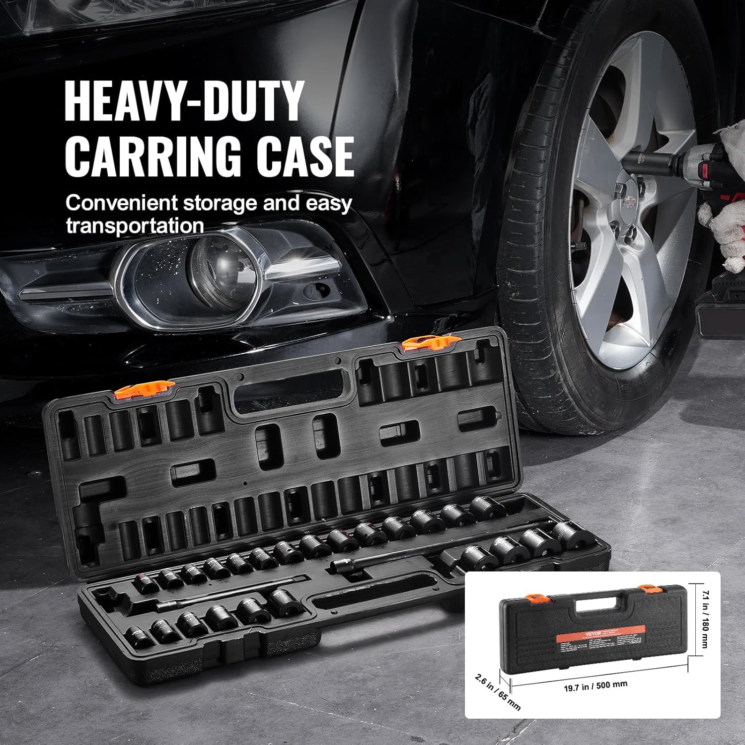 VEVOR 3/8" Drive Impact Socket Set, 29 Piece Shallow Socket Set SAE 3/8"-1" and Metric 8-22mm, 6 Point CR-V Alloy Steel for Auto Repair, Easy-to-Read Size Markings, Rugged Construction, Storage Case