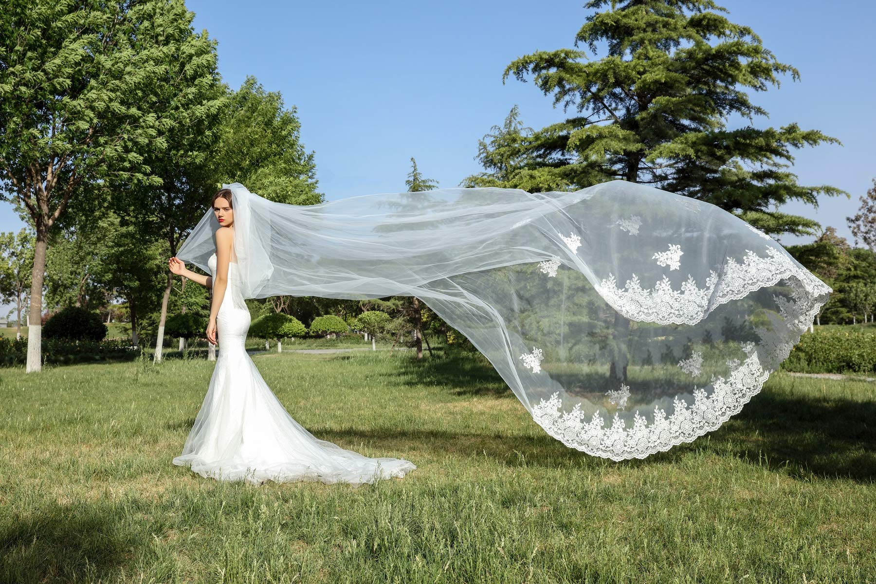 Velo de Novia Boda Largo Blanco Marfil Retro Encaje Bordado Borde 2 Capa Suave Tul Con Metal Peine 4m