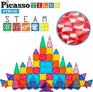 PicassoTiles 100 Pcs Magnetic Building Block Mini Diamond Series Travel Size On-The-Go Magnet Construction Toy Set STEM Learning Kit Educational Playset Child Brain Development Stacking Blocks PTM100