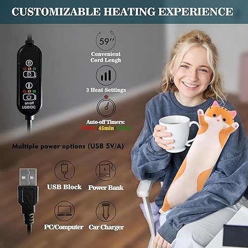 Miniatura 5 de Almohadilla térmica para calambres menstruales y alivio del dolor de cuello y hombro, portátil de 19.7 pulgadas, gato de felpa con un vientre suave