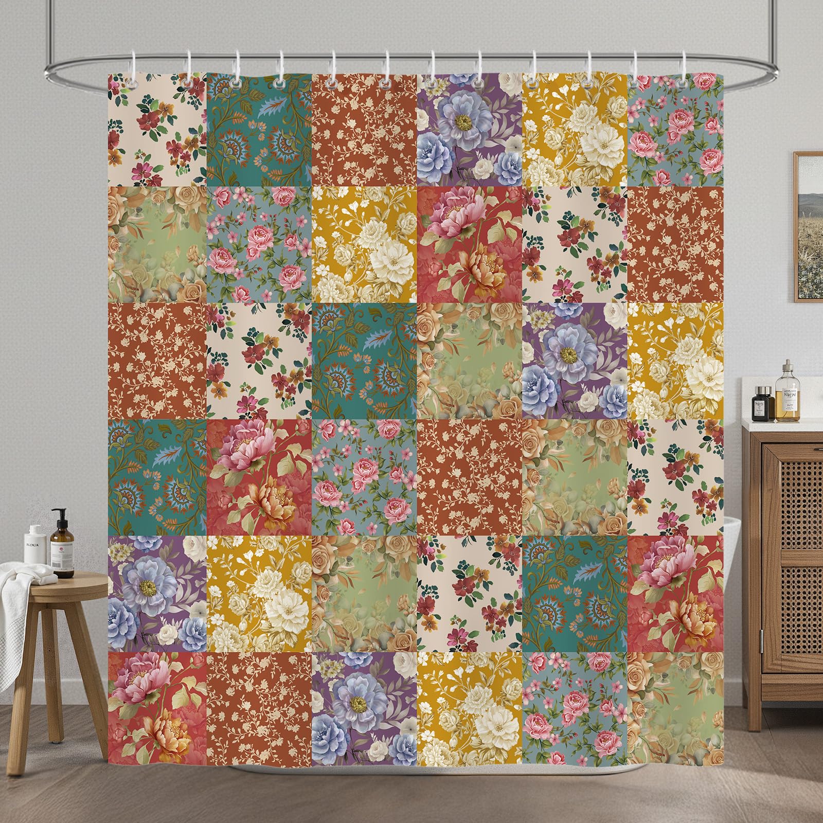 COZZSNUGE Boho Patchwork Floral Shower Curtain, Vintage Colorful Flower Retro Farmhouse Bathroom Curtain 180 x 180 cm, Water Repellent Mildew Resistant Polyester with 12 Hooks