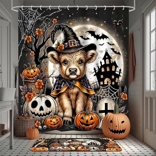 Miniatura 2 de Aperturee Juego de cortina de ducha de Halloween con tapete de baño de 72 x 72 pulgadas, alfombra en forma de U, cubierta de inodoro y 12 ganchos,