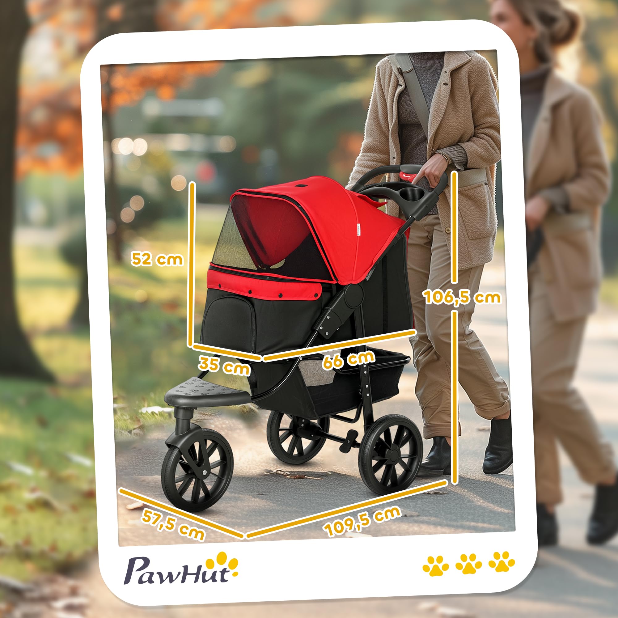 PawHut Poussette pour Chien Pliable 3 Roues Tout-Terrain 25kg - Grande Roue 12" Antichoc et Légère - Chariot Animaux avec Ouverture Arrière pour Petit Chien et Chiens Âgés de Moins de 10kg, Rouge