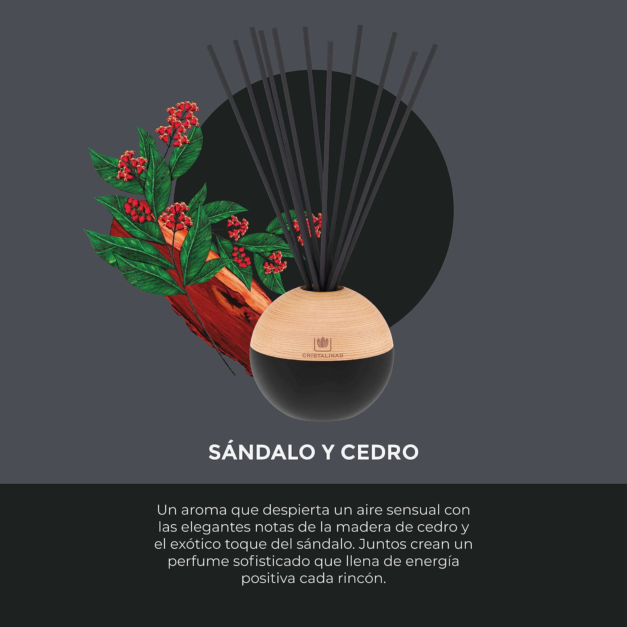 CRISTALINAS | Ambientador Mikado Esfera Premium | Ambientador Hogar | Aroma Sándalo y Cedro | Sensual | Larga Duración más de 16 Semanas | 180ml | 0% Alcohol |
