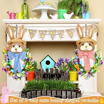 Zeyune 2 Pcs 18.1x 11.4 Easter Bunny Wreath with Colorful Eggs Artificial Easter Wreath Mixed Flowers Green Leaves Hanging Bunny Shaped with Straw Hat and Bow for Front Door Wall(Bow Bunny)